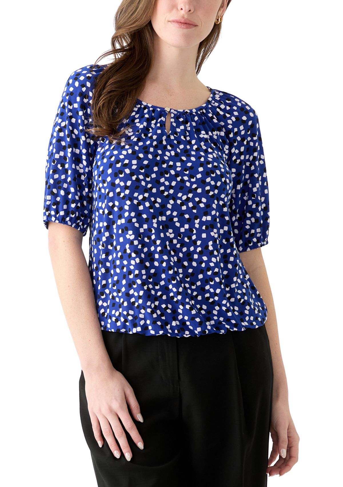 Womens Printed Keyhole Peasant Top