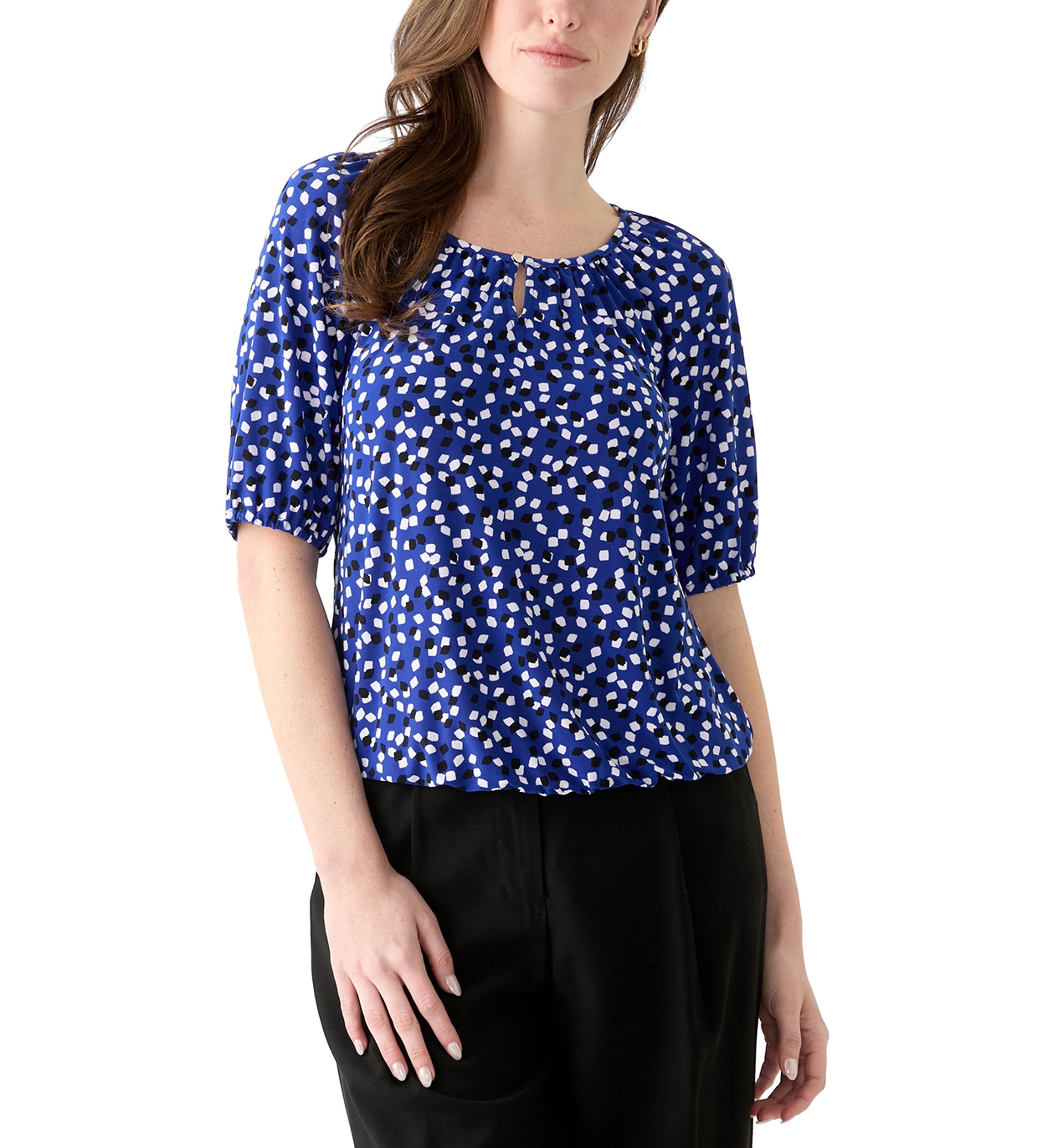 Womens Printed Keyhole Peasant Top