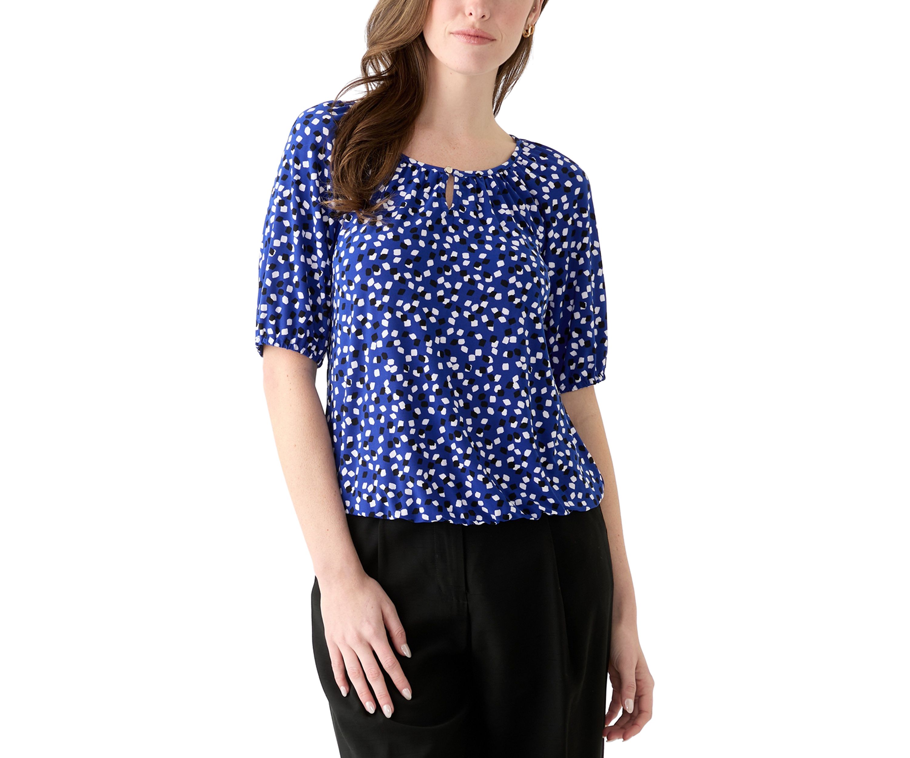 Womens Printed Keyhole Peasant Top