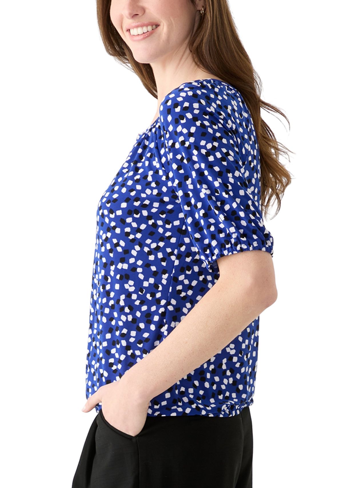 Womens Printed Keyhole Peasant Top