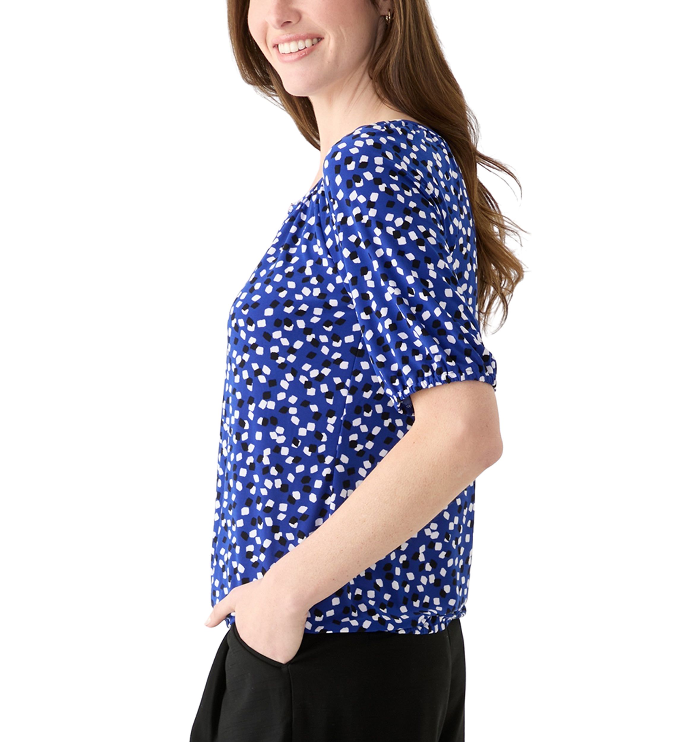Womens Printed Keyhole Peasant Top