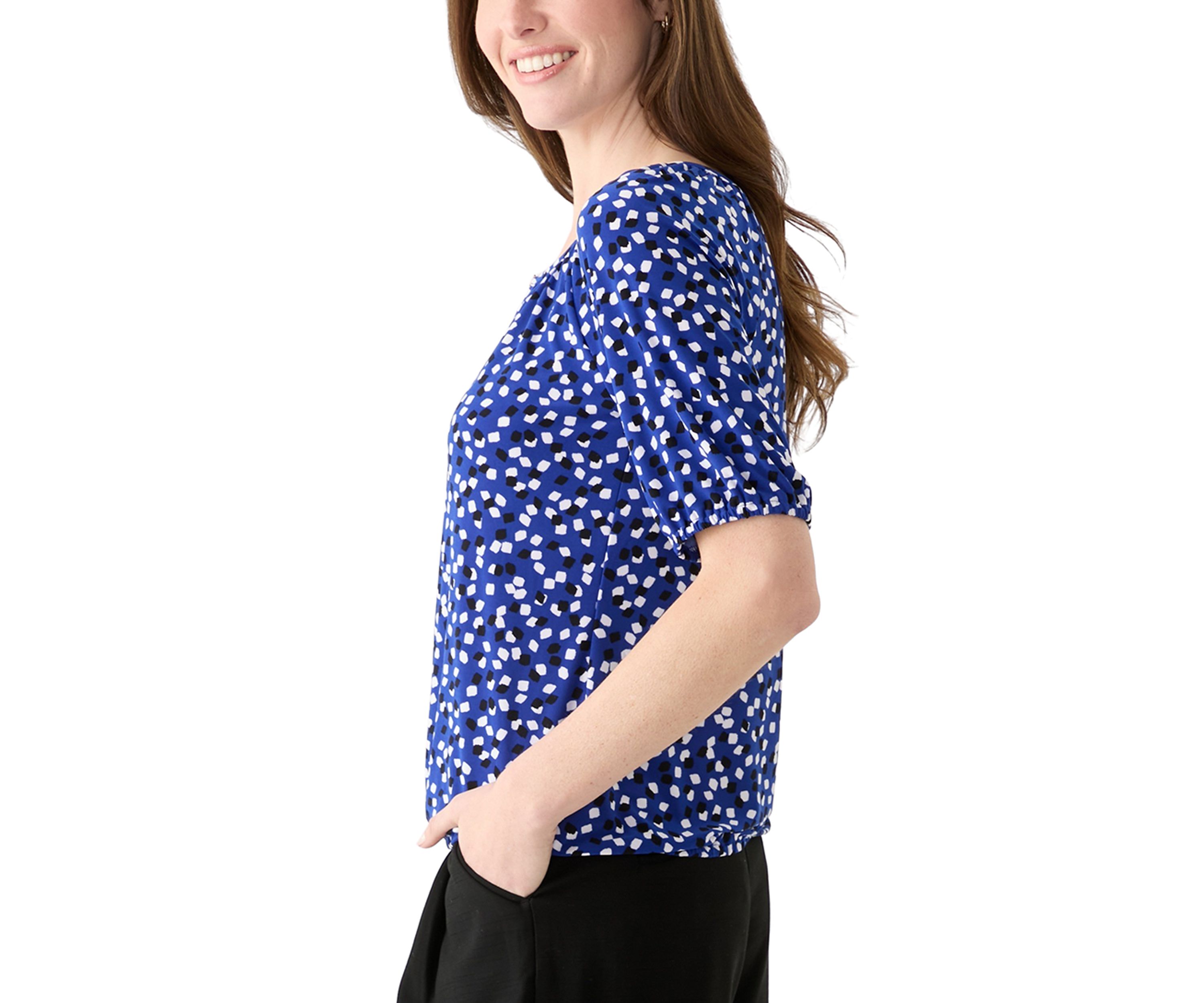 Womens Printed Keyhole Peasant Top