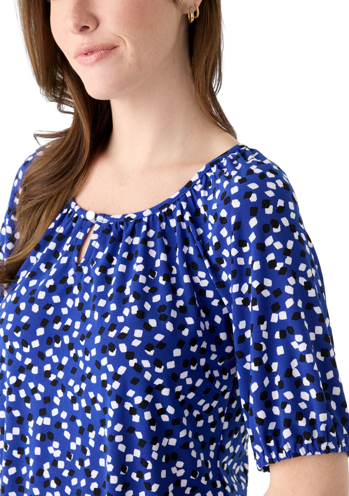 Womens Printed Keyhole Peasant Top