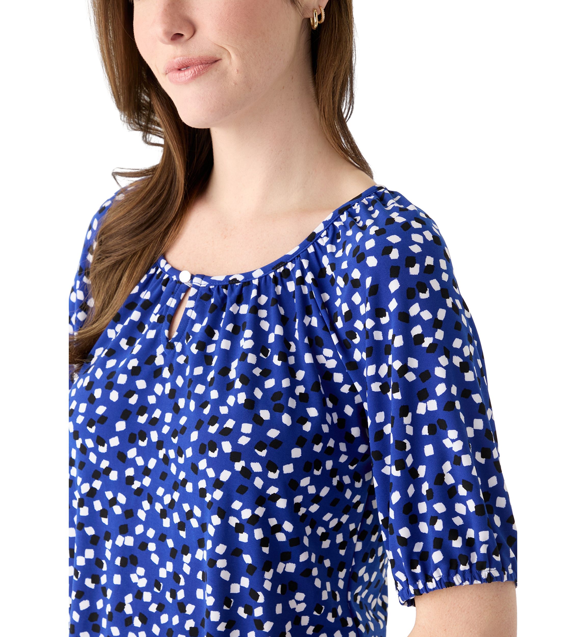Womens Printed Keyhole Peasant Top