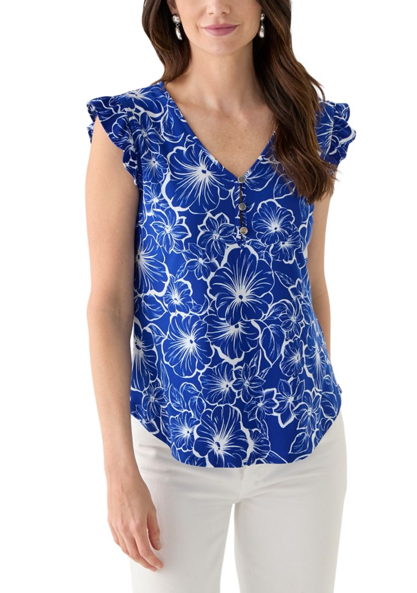 Womens Printed Flutter Sleeve Top