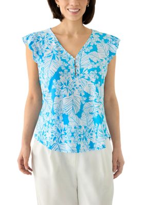 AK Anne Klein Women's Petite Tropical Print V-Neck Blouse