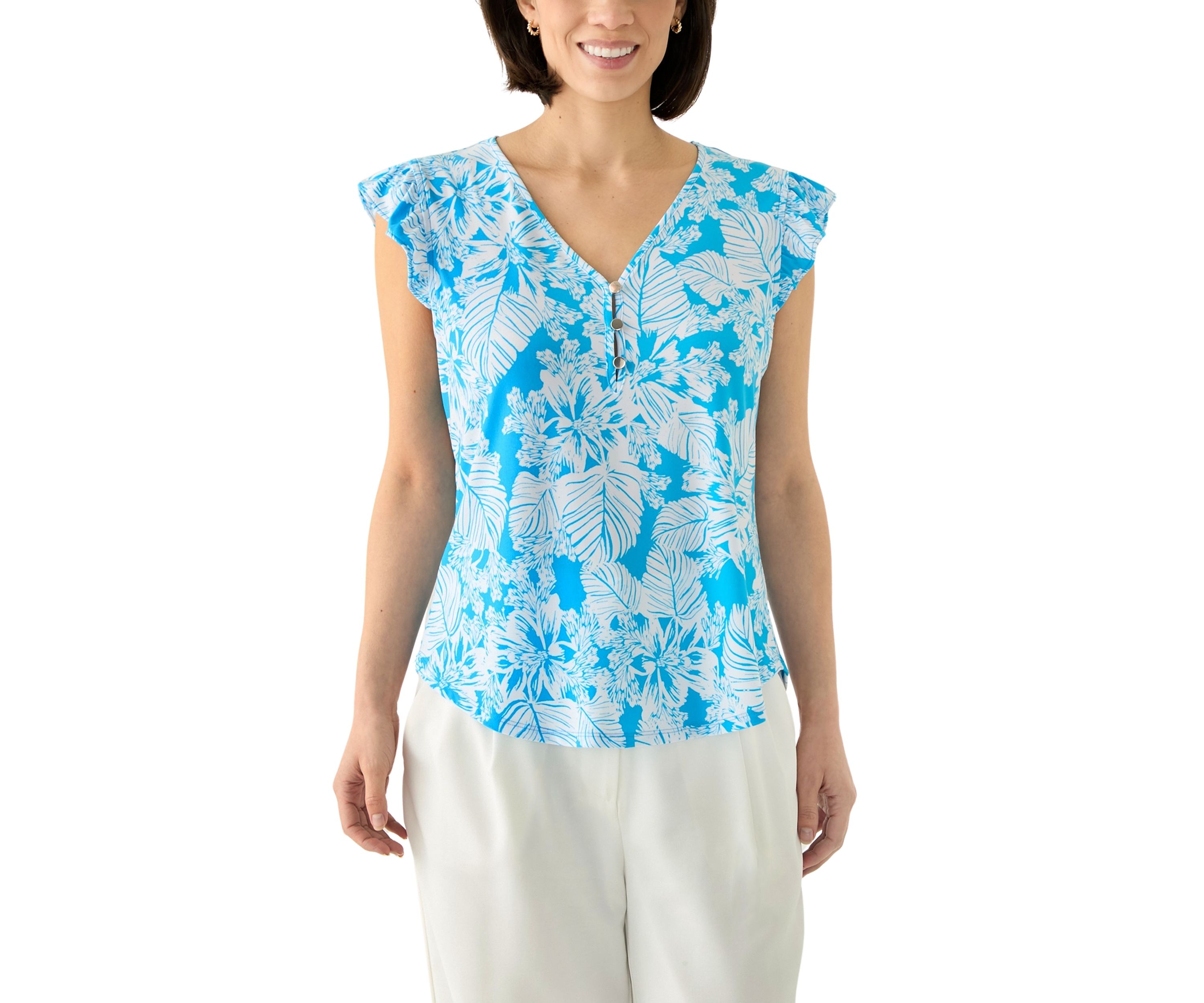 Petite Tropical Print V-Neck Blouse