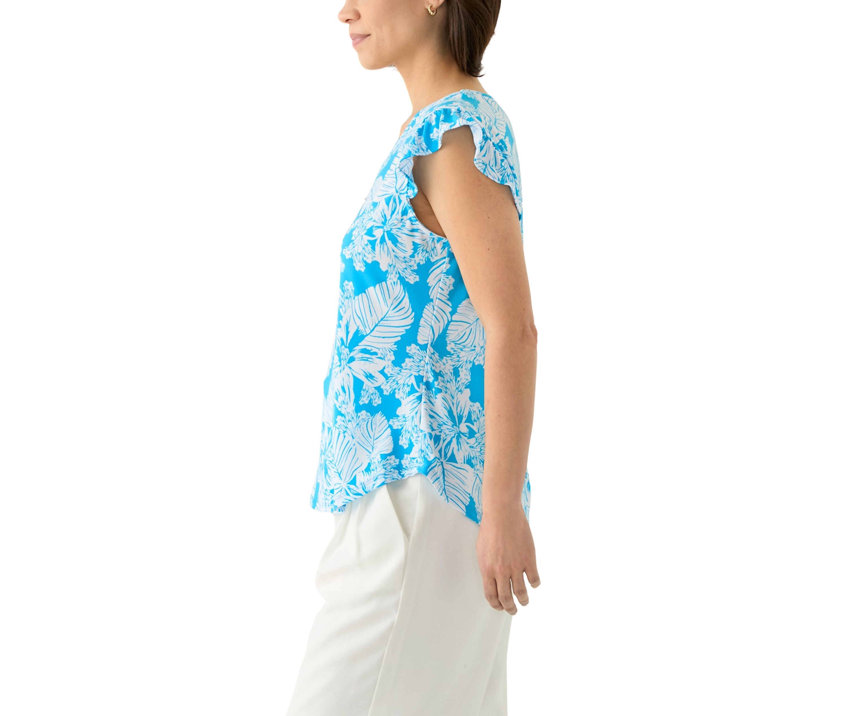 Petite Tropical Print V-Neck Blouse
