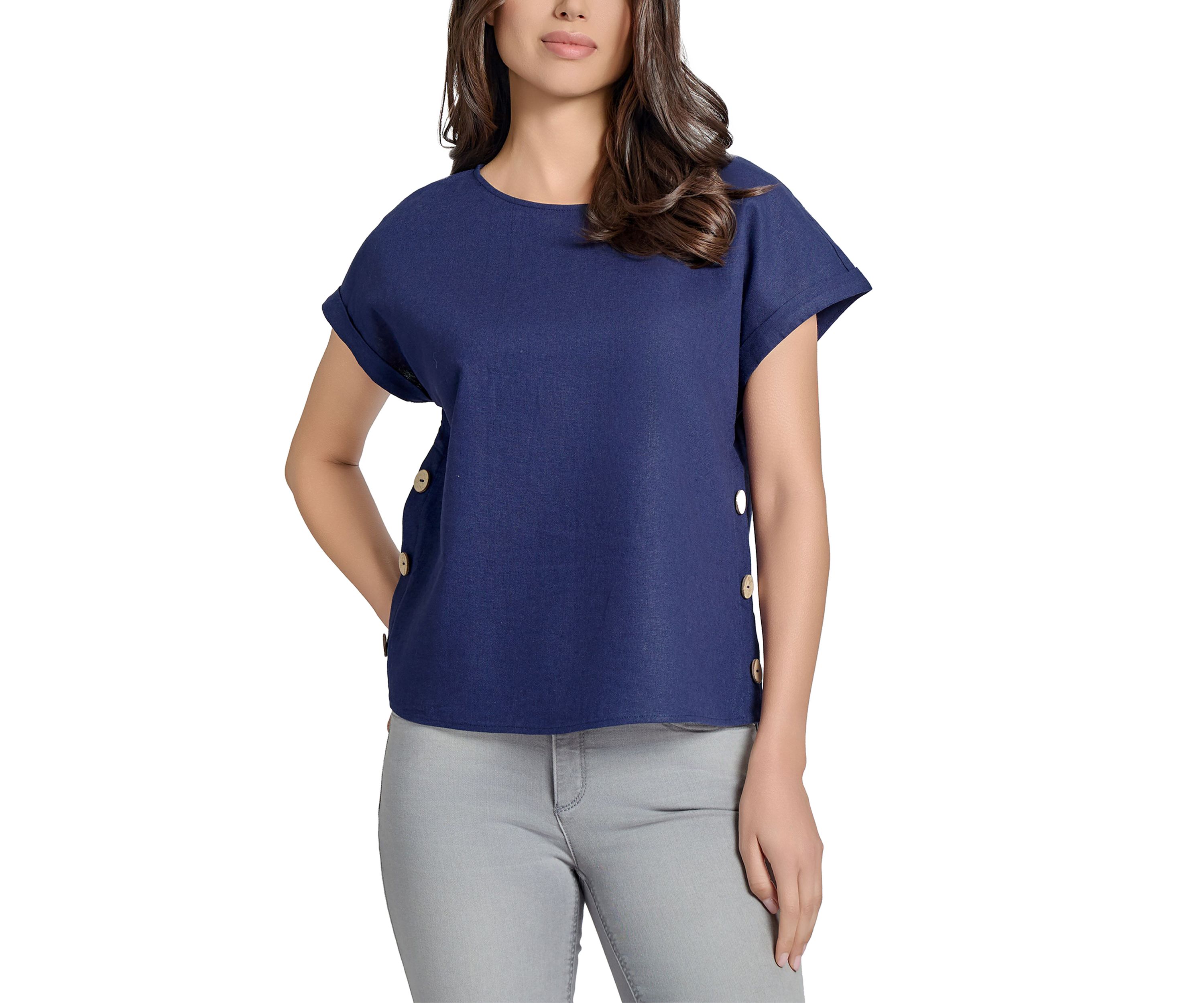 Petite Short Sleeve Button Detail Linen Blouse