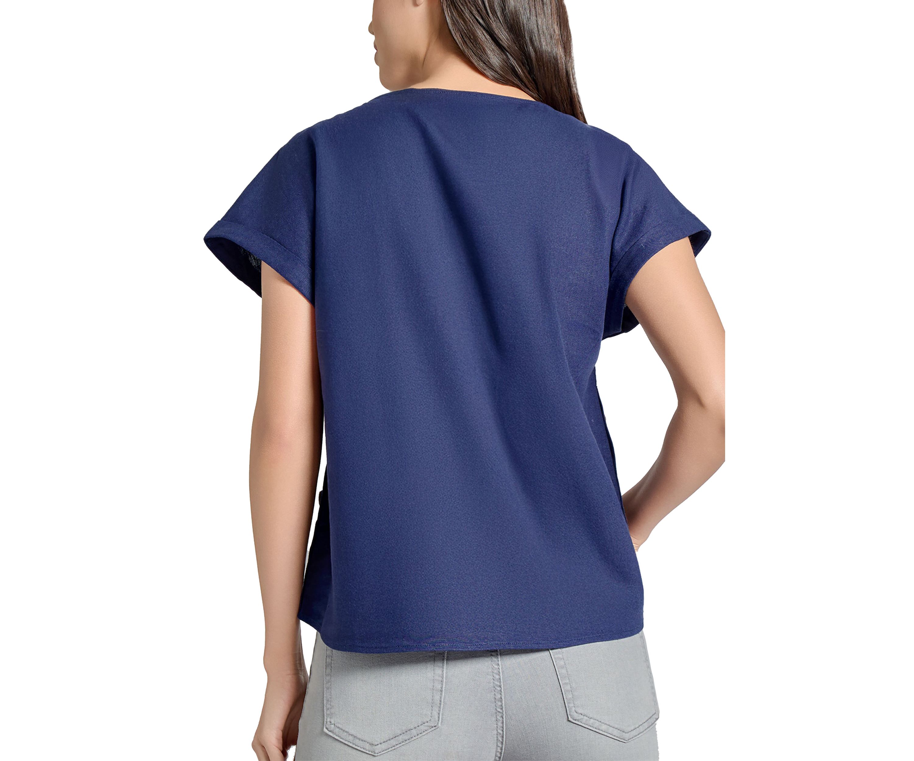 Petite Short Sleeve Button Detail Linen Blouse