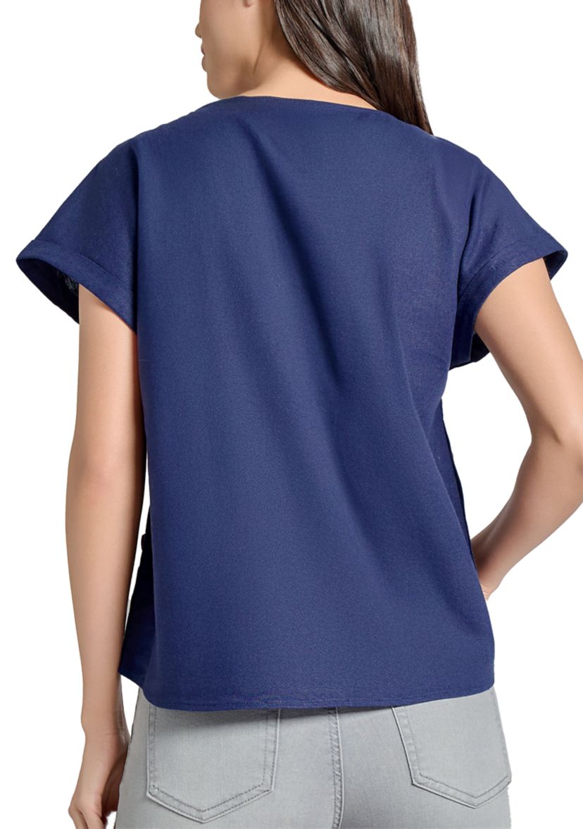 Petite Short Sleeve Button Detail Linen Blouse