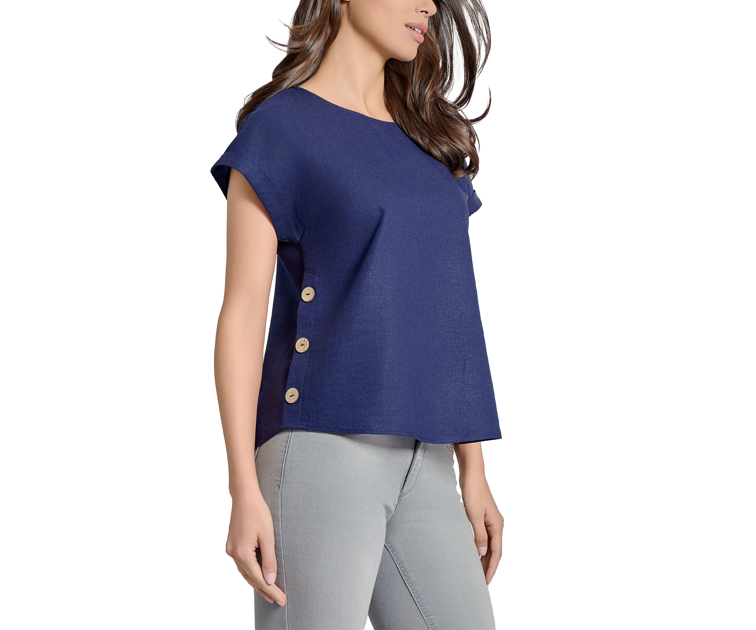 Petite Short Sleeve Button Detail Linen Blouse