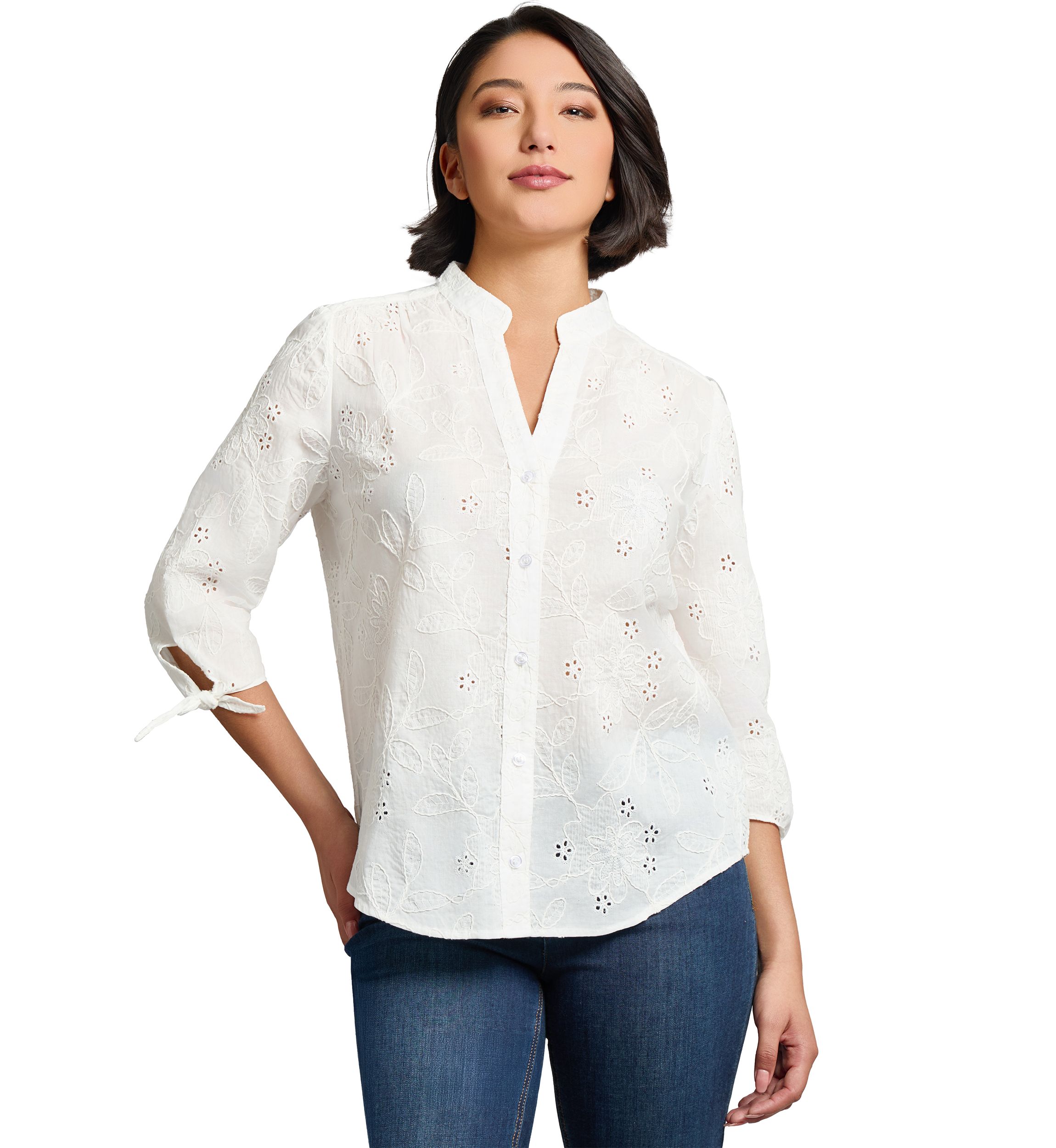 Petite Y-Neck Button Front Roll Sleeve Blouse 