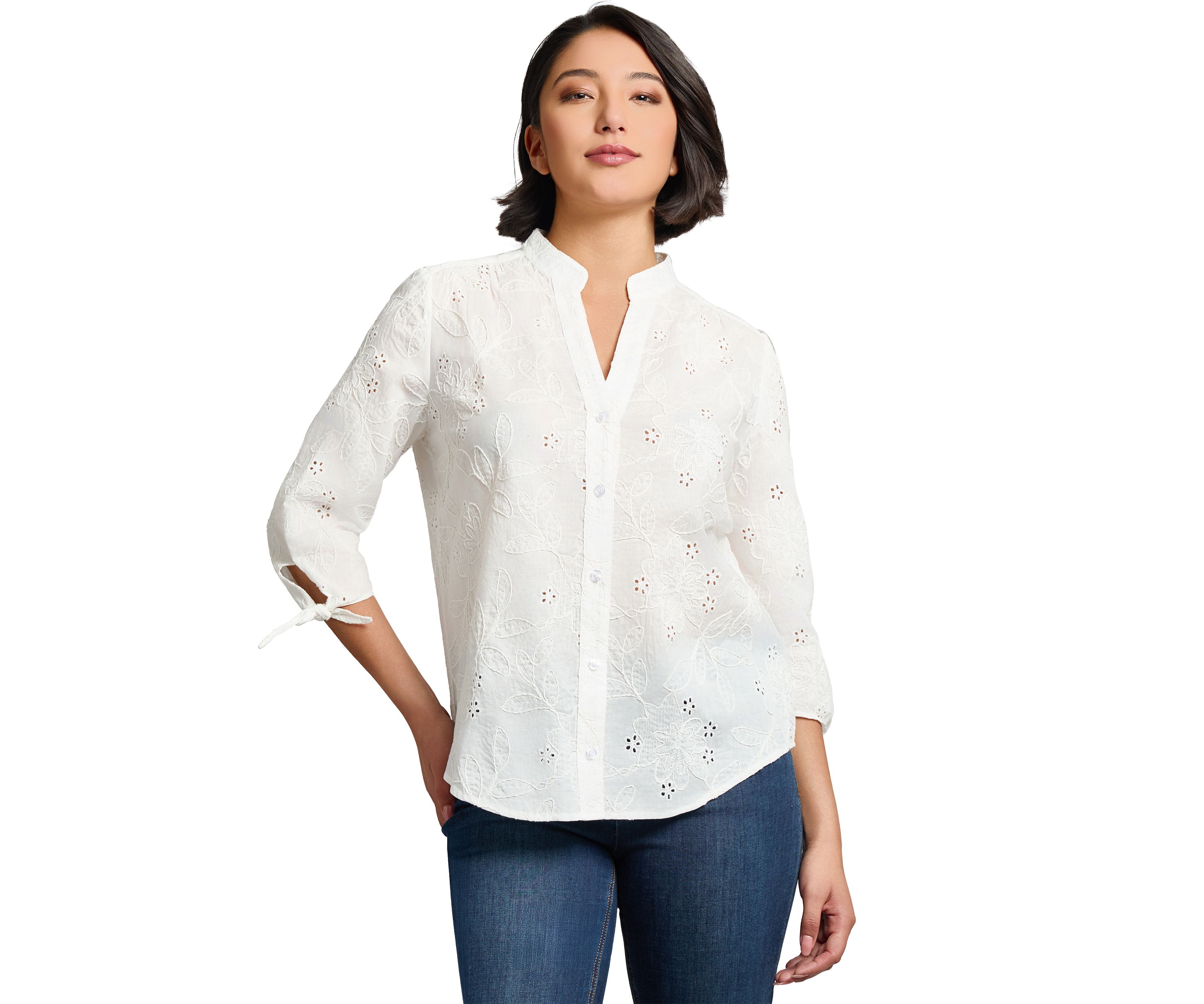 Petite Y-Neck Button Front Roll Sleeve Blouse 