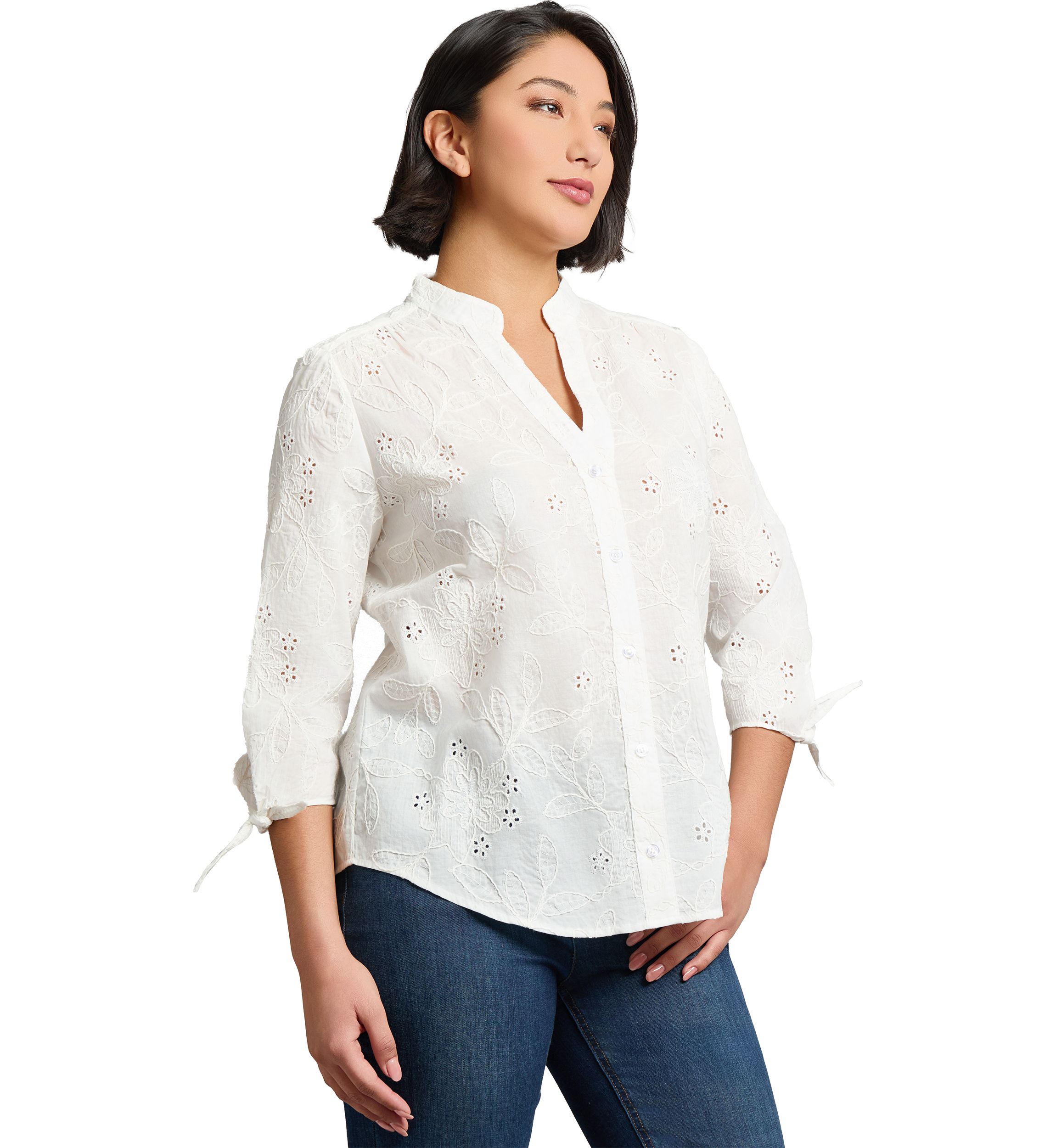 Petite Y-Neck Button Front Roll Sleeve Blouse 