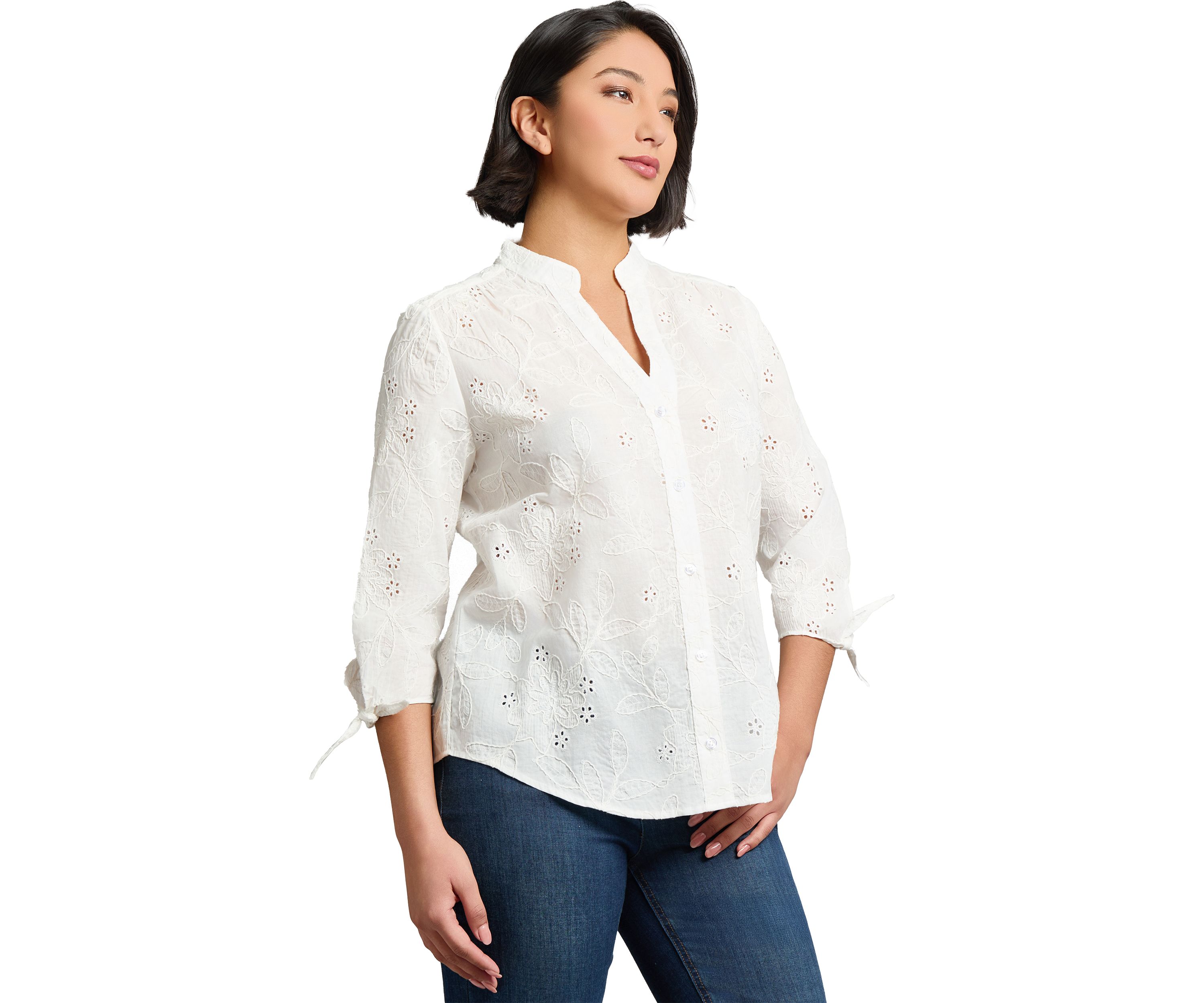 Petite Y-Neck Button Front Roll Sleeve Blouse 