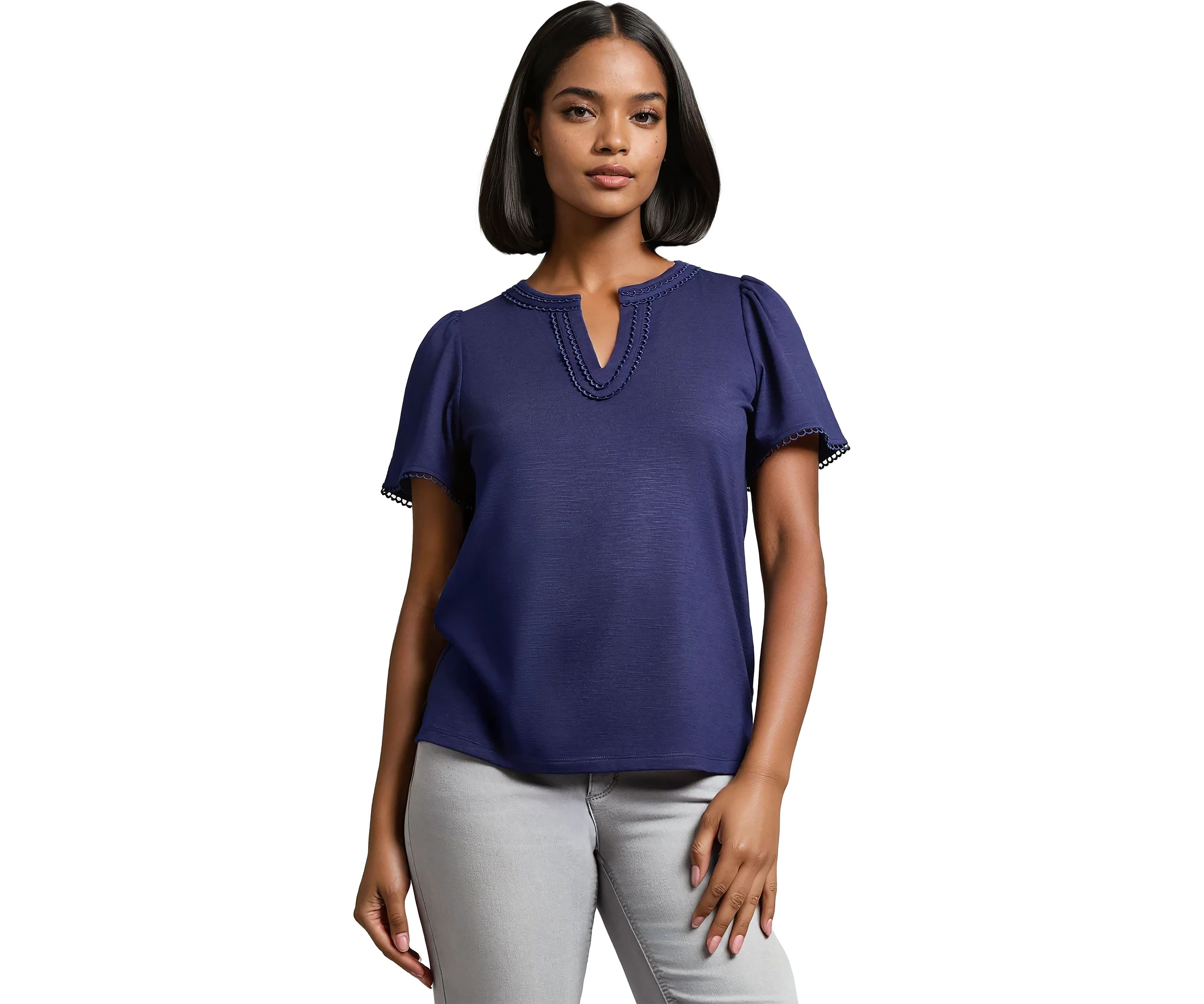 Petite Short Sleeve Split Neck Trim Top 