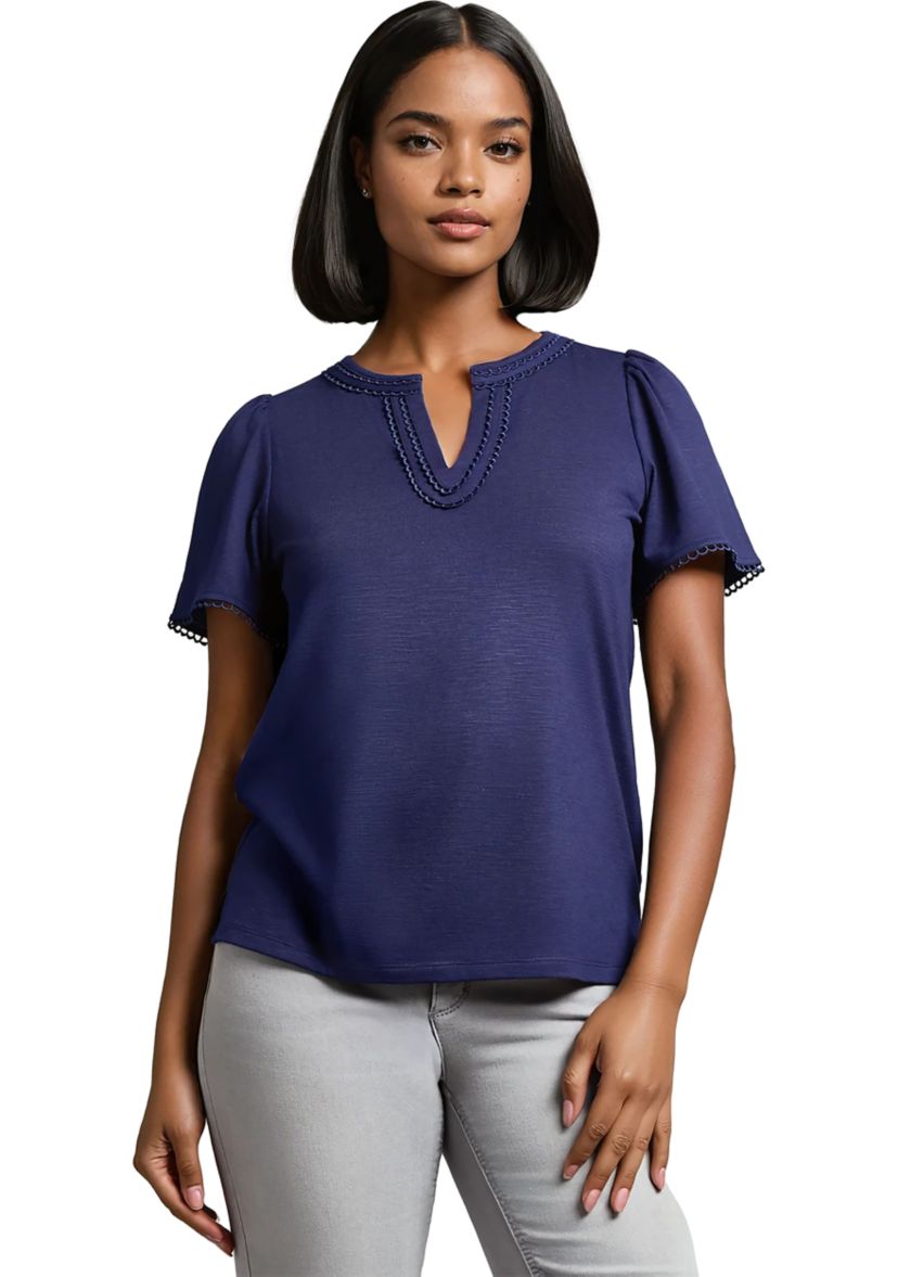 Petite Short Sleeve Split Neck Trim Top 