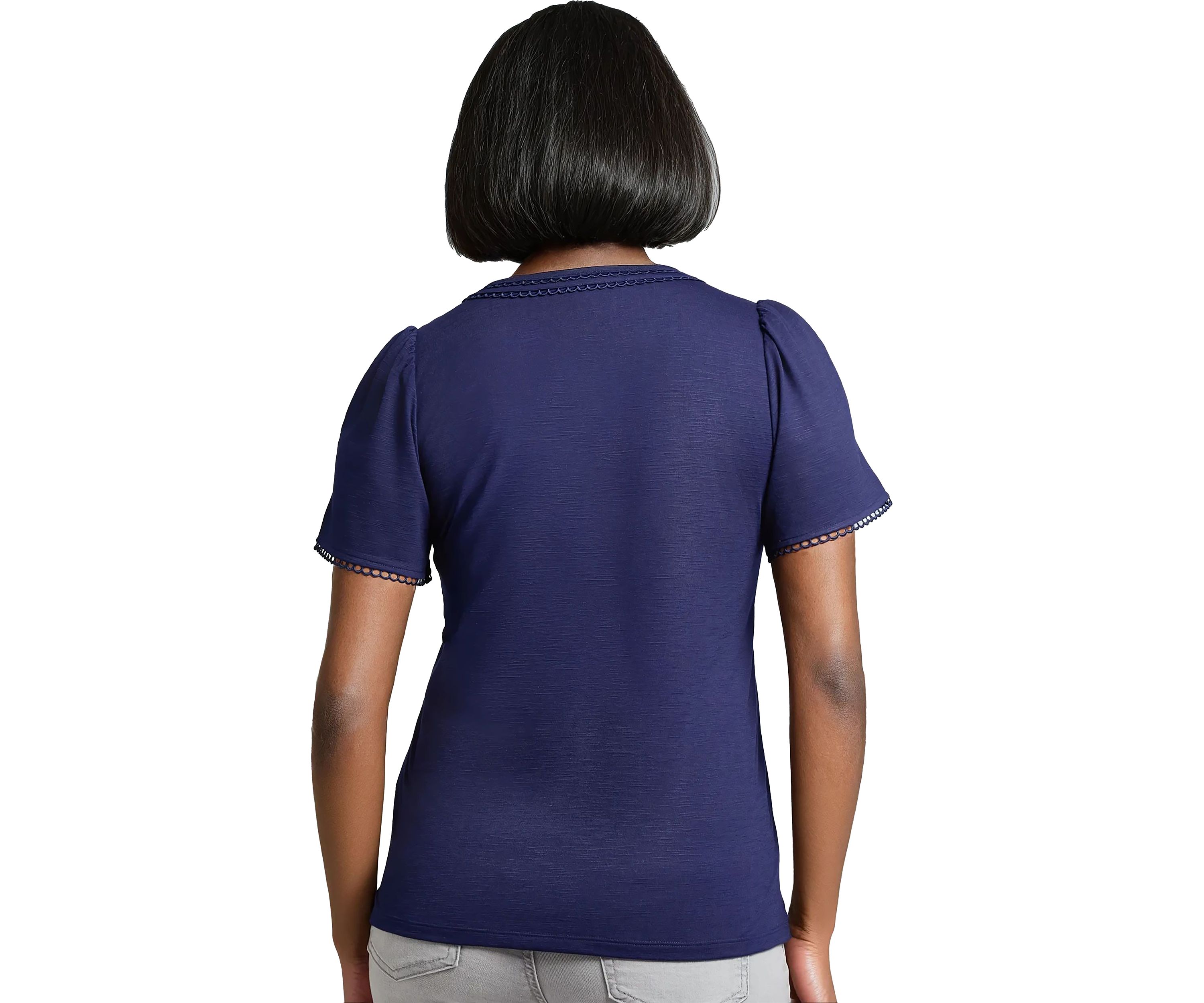 Petite Short Sleeve Split Neck Trim Top 