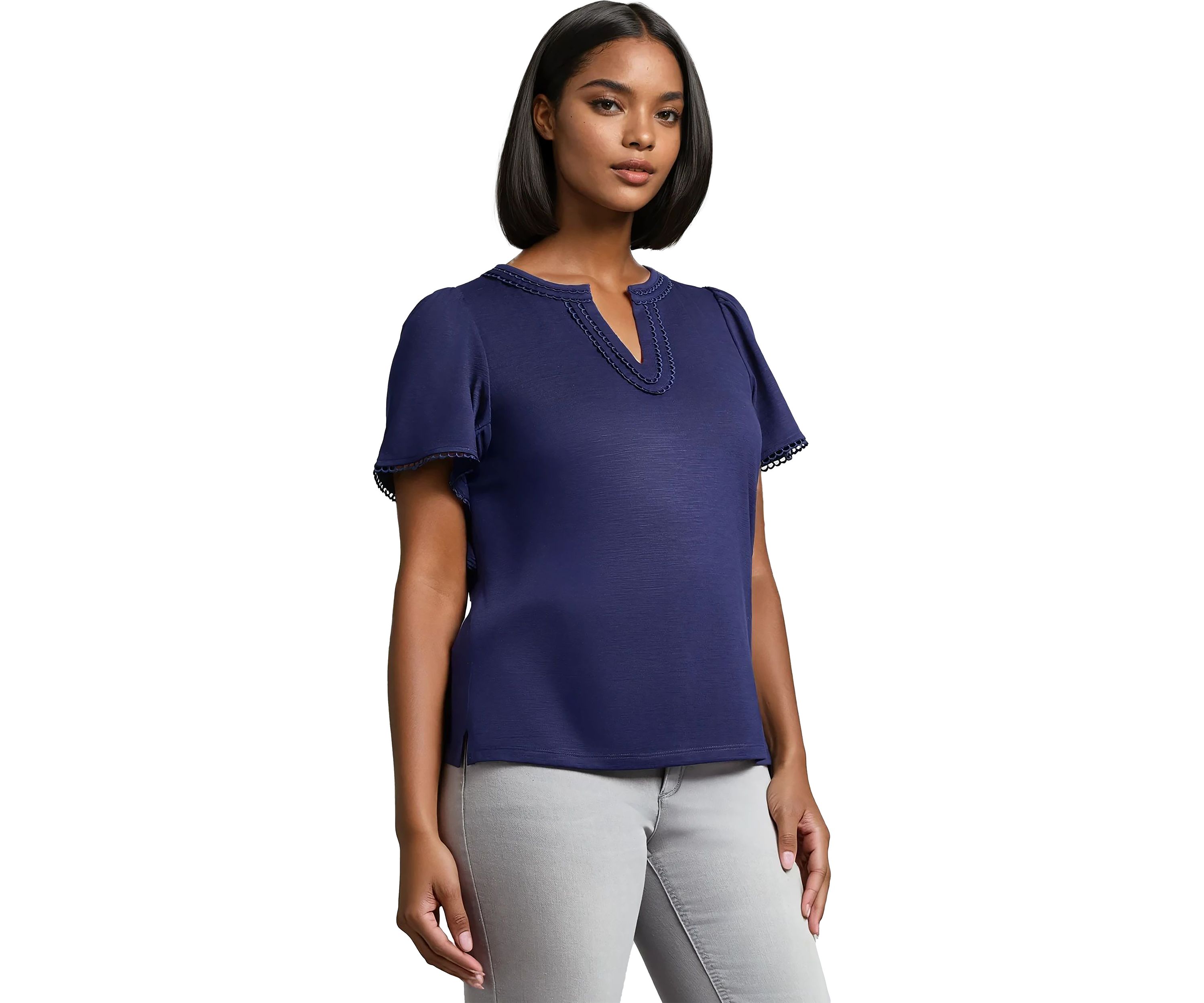 Petite Short Sleeve Split Neck Trim Top 