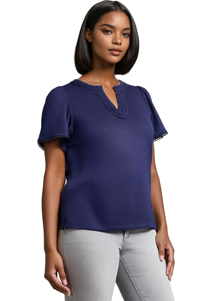 Petite Short Sleeve Split Neck Trim Top 