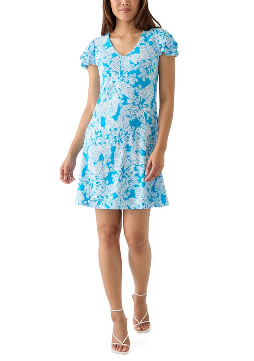 Womens Flutter Sleeve Printed Swing Dress