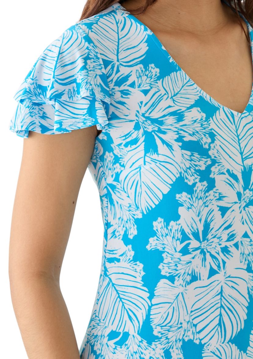 Womens Flutter Sleeve Printed Swing Dress