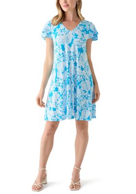 AK Anne Klein Women's Petite Tropical Print Flutter Sleeve Mini Dress, PL