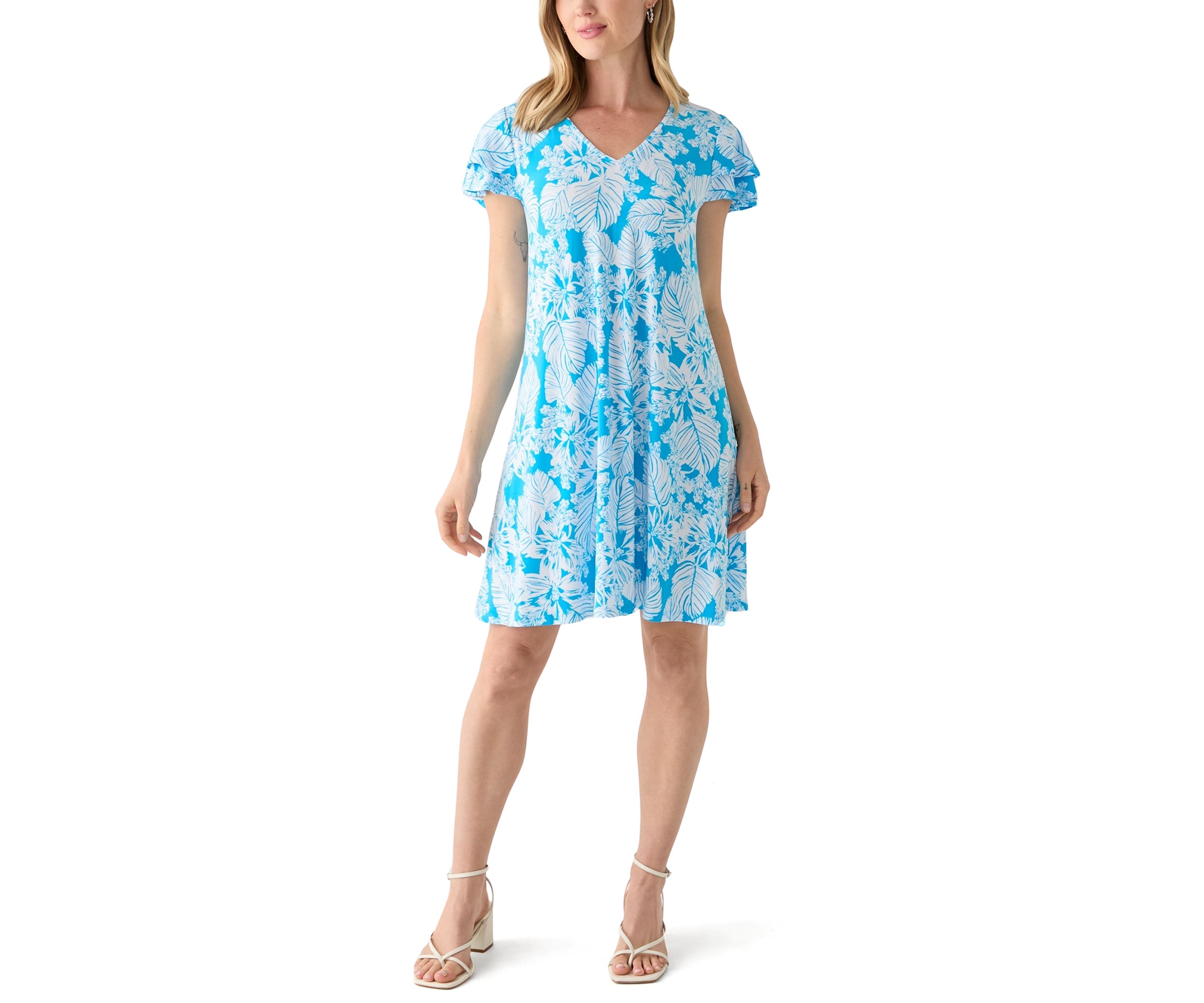 Petite Tropical Print Flutter Sleeve Mini Dress