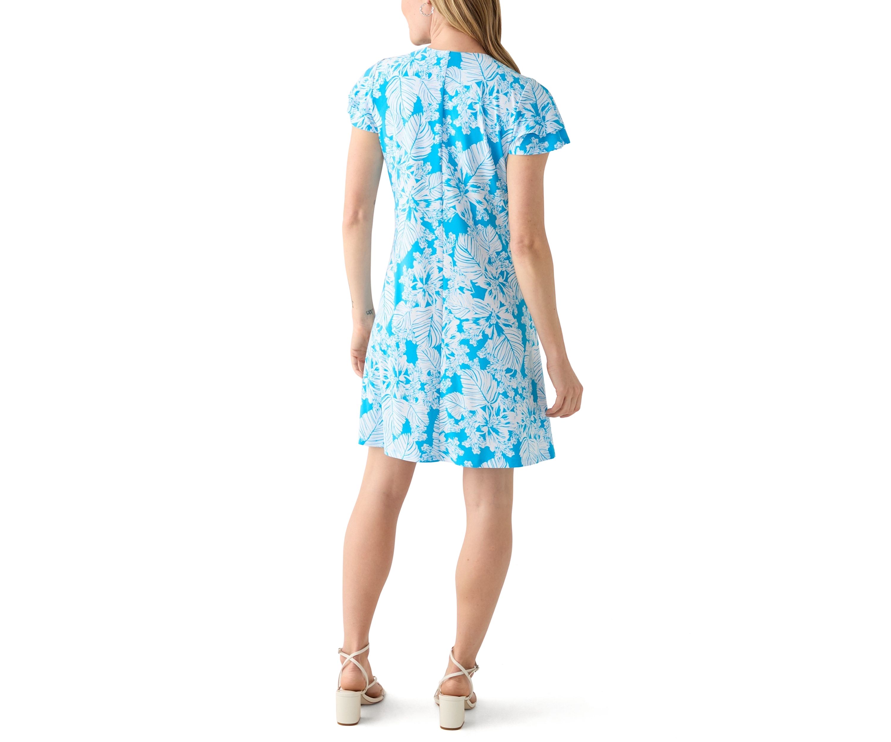 Petite Tropical Print Flutter Sleeve Mini Dress