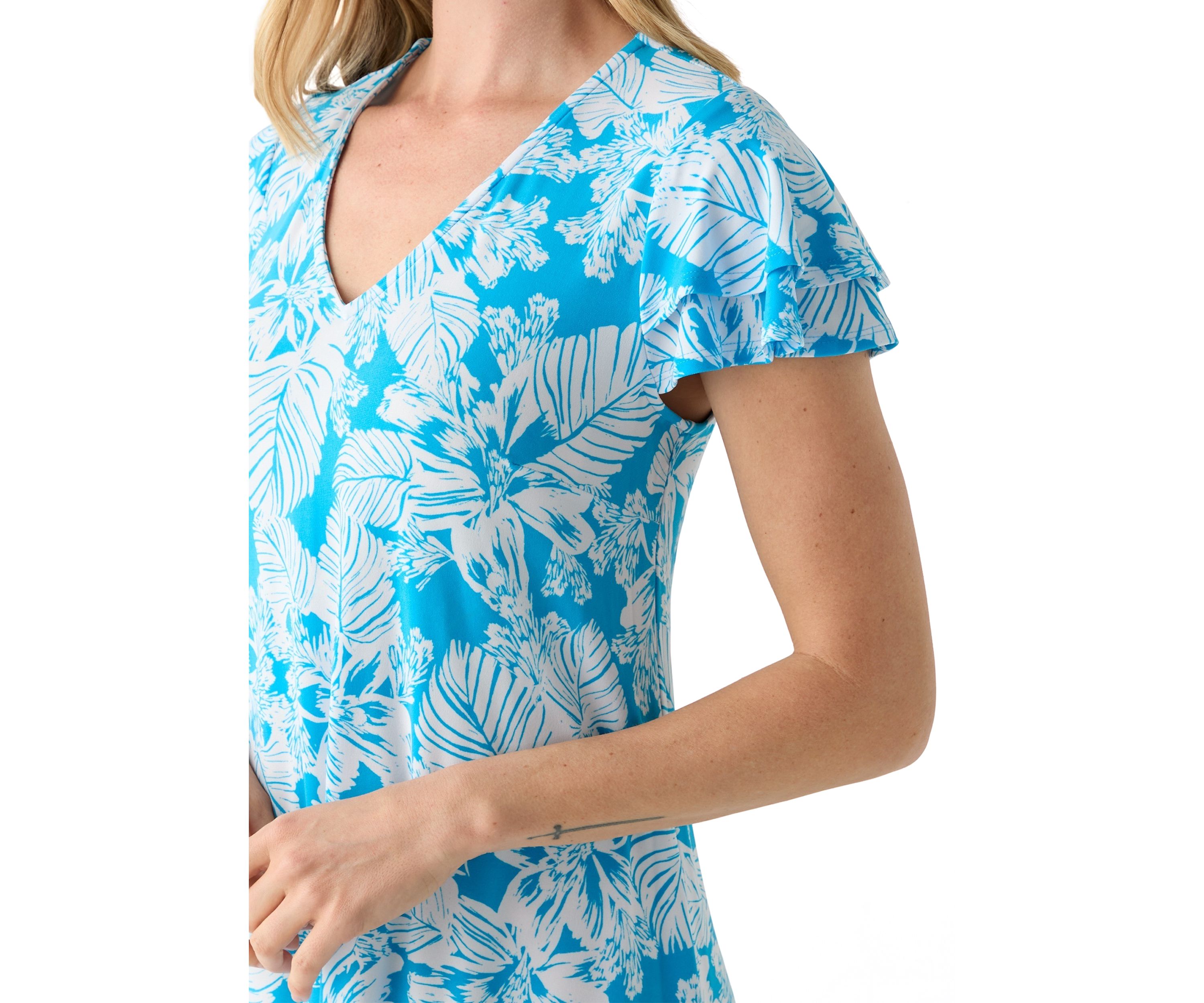Petite Tropical Print Flutter Sleeve Mini Dress