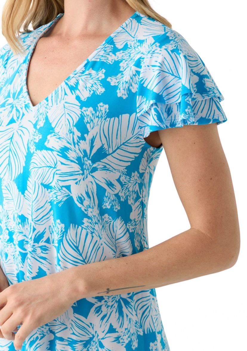 Petite Tropical Print Flutter Sleeve Mini Dress