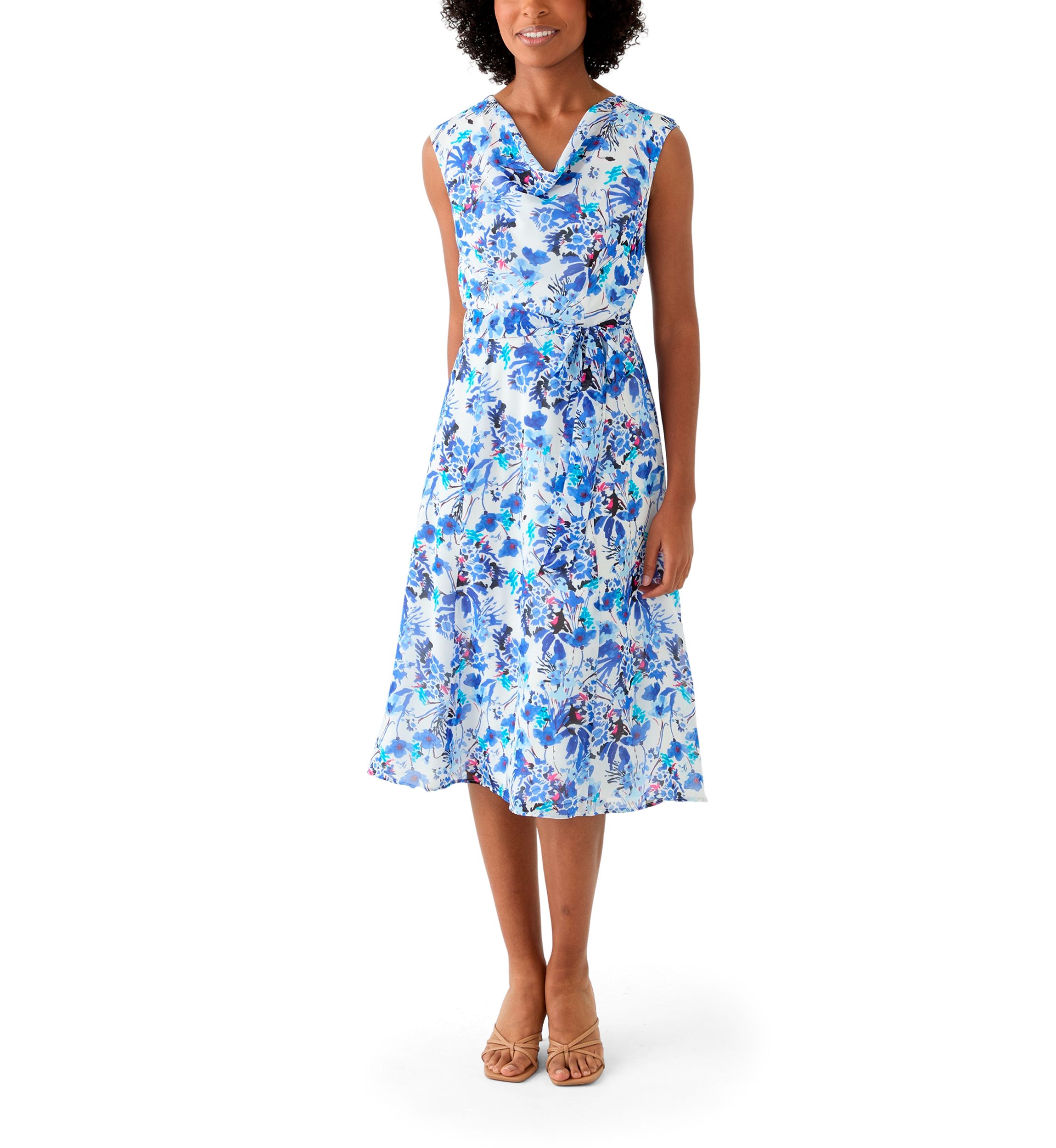 Womens Printed Cowl Neck Midi Dress
