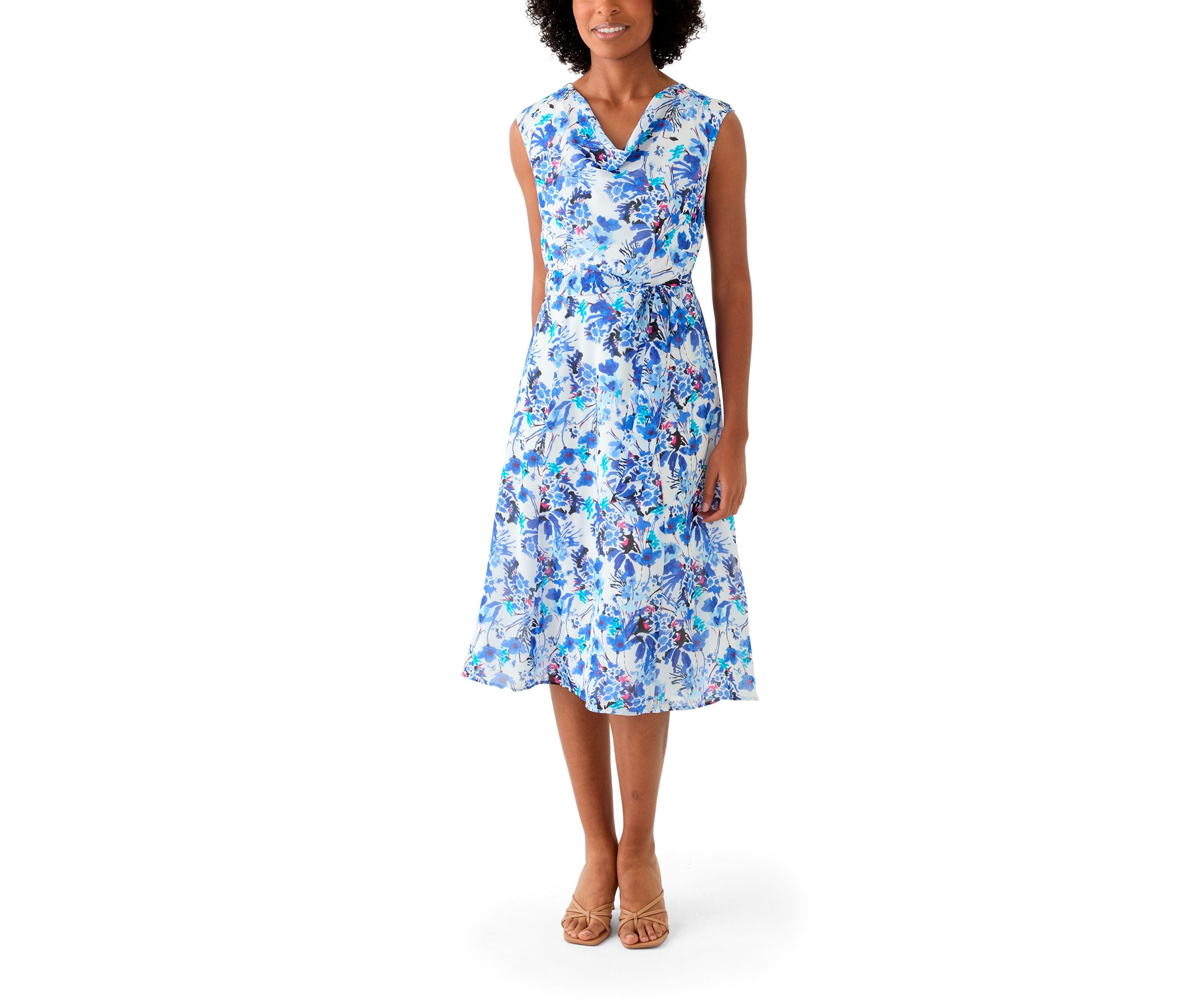 Womens Printed Cowl Neck Midi Dress
