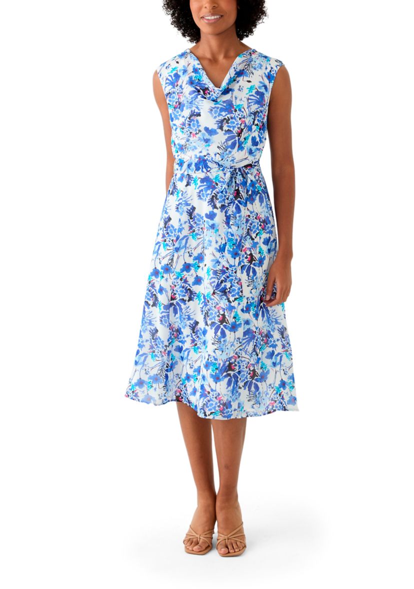 Womens Printed Cowl Neck Midi Dress