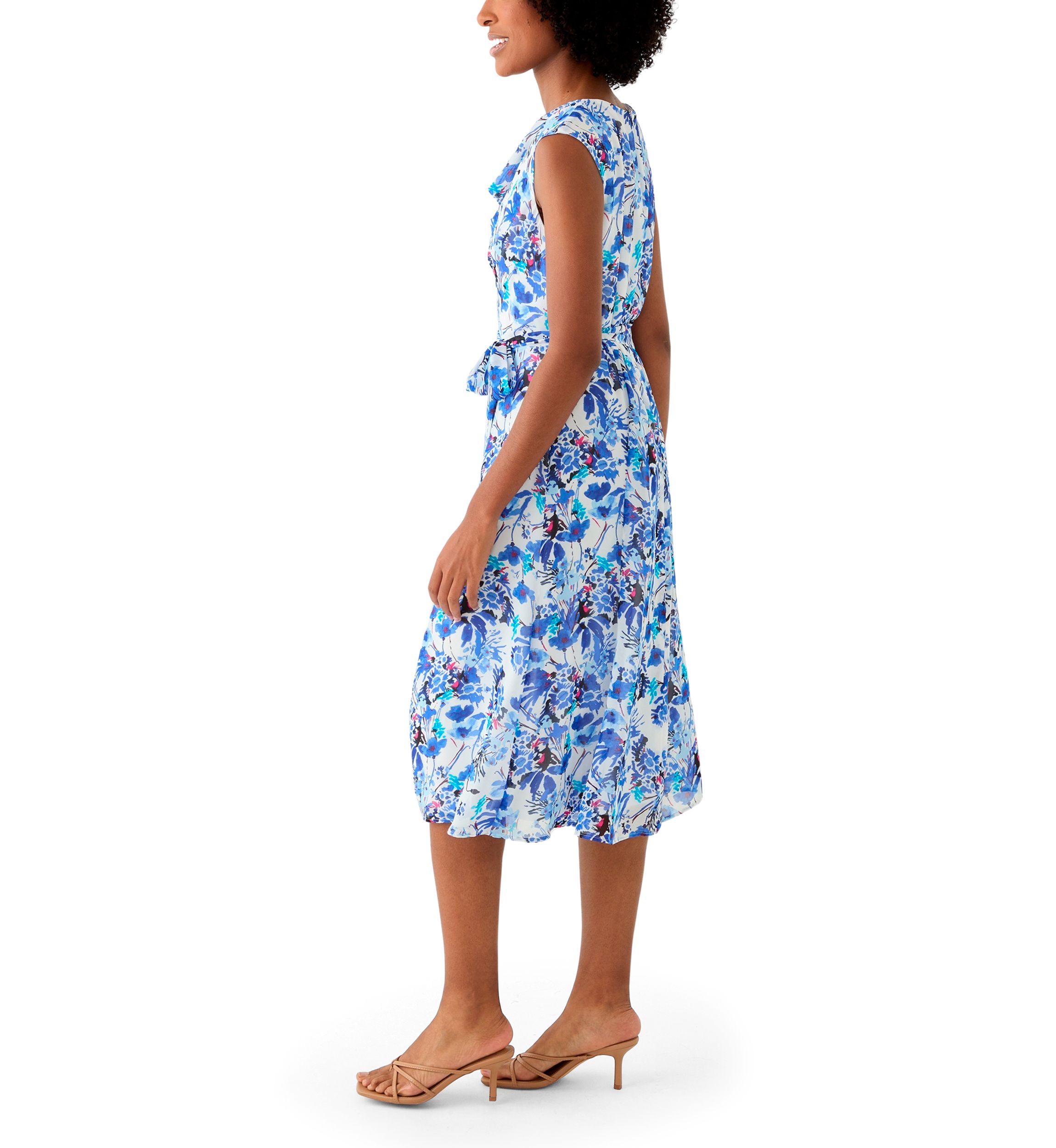 Womens Printed Cowl Neck Midi Dress