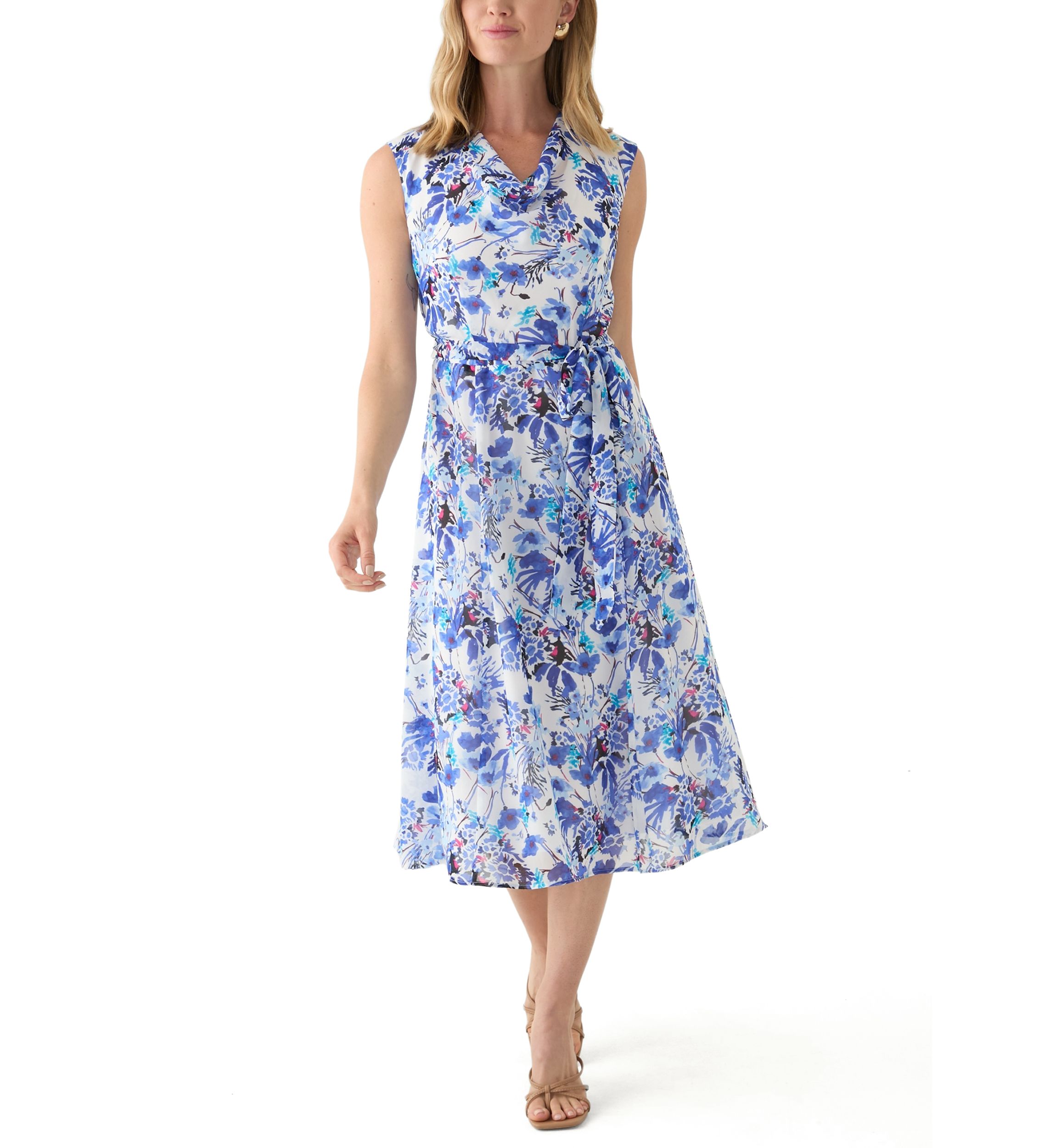 Petite Sleeveless Cowl Neck Floral Midi Dress
