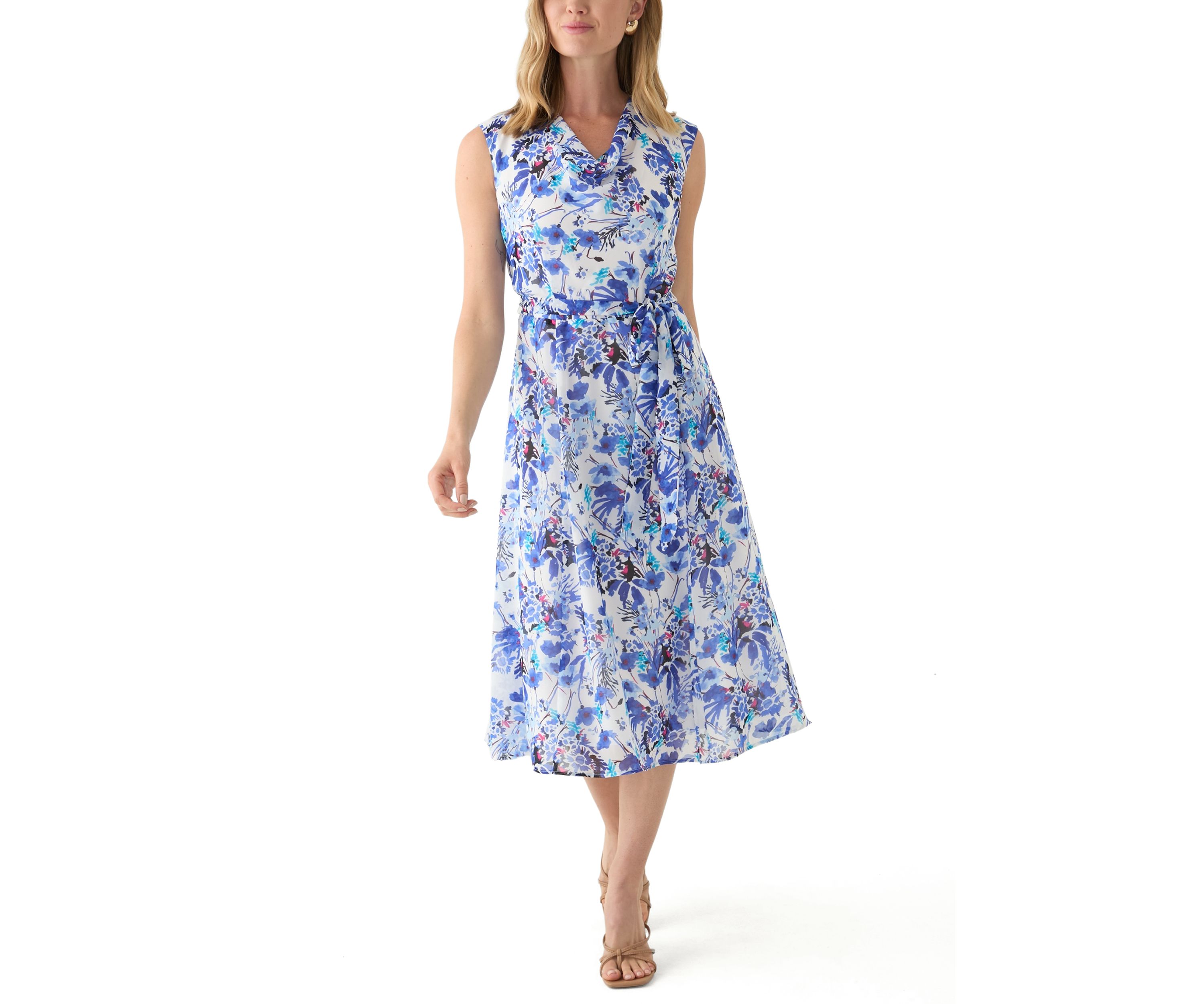 Petite Sleeveless Cowl Neck Floral Midi Dress