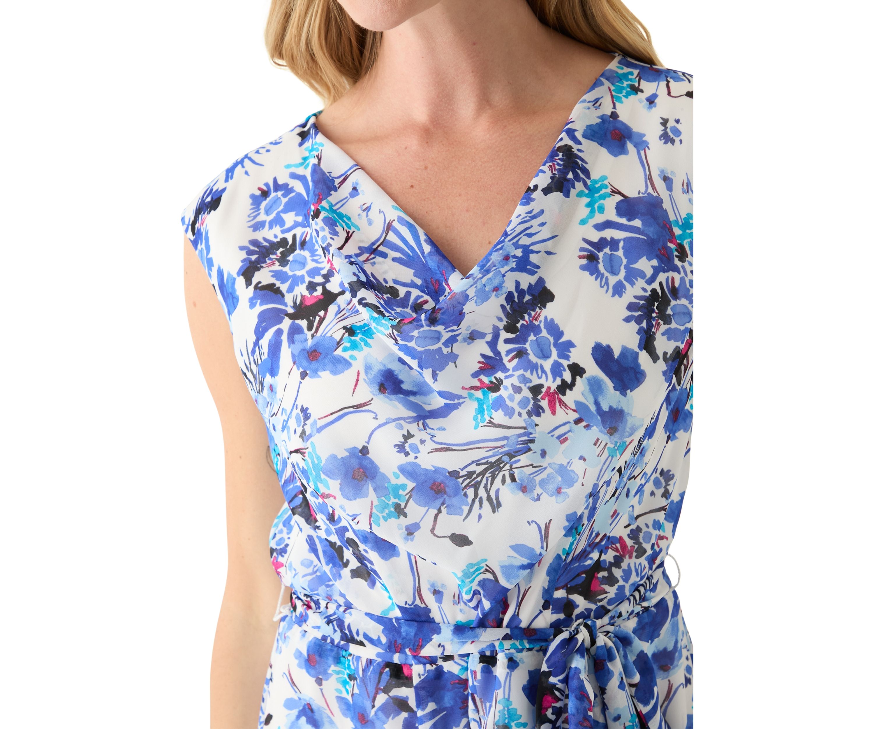 Petite Sleeveless Cowl Neck Floral Midi Dress
