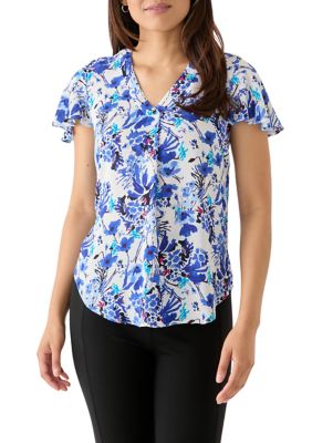 AK Anne Klein Women's Flutter Sleeve Printed Top