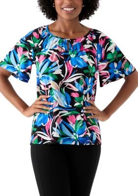 AK Anne Klein Women's Printed Keyole Neck Blouse