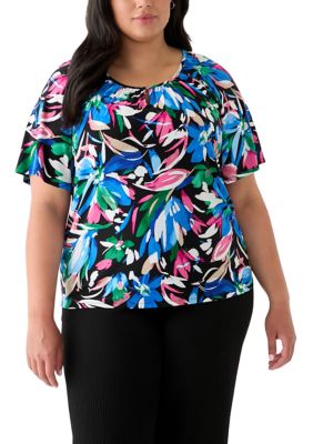 AK Anne Klein Women's Plus Size Elbow Sleeve Keyhole Peasant Top