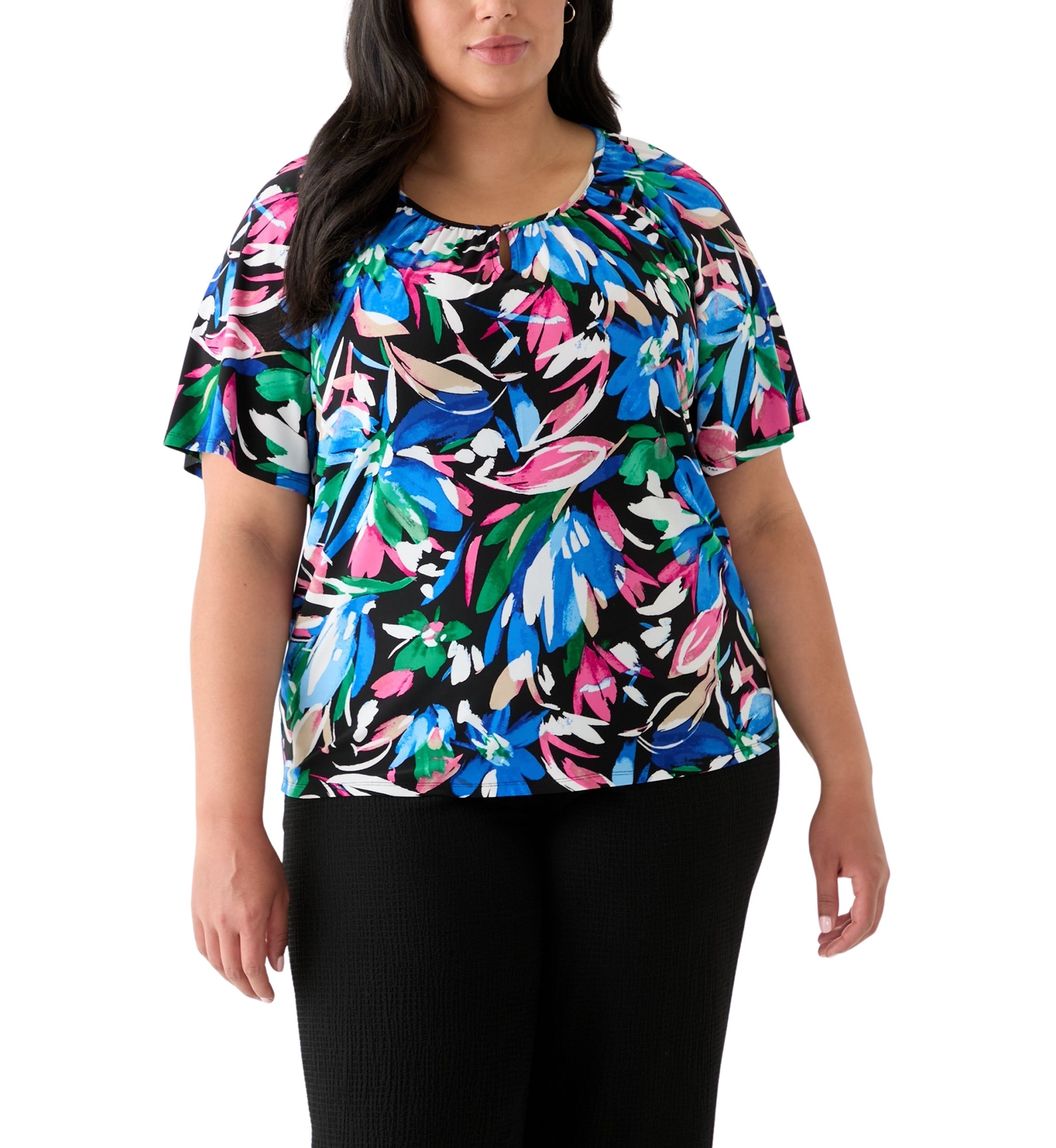 Plus Size Elbow Sleeve Keyhole Peasant Top