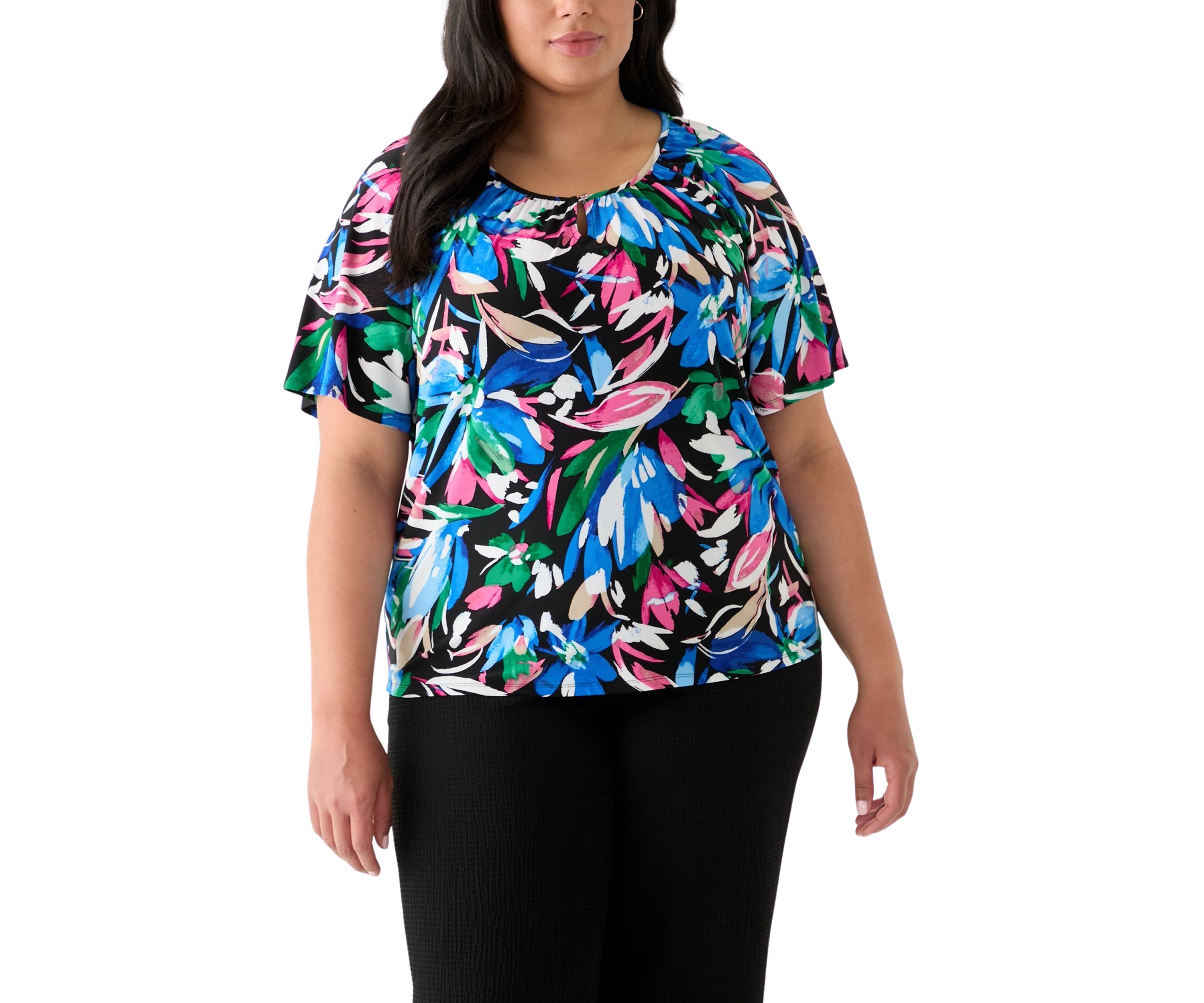 Plus Size Elbow Sleeve Keyhole Peasant Top