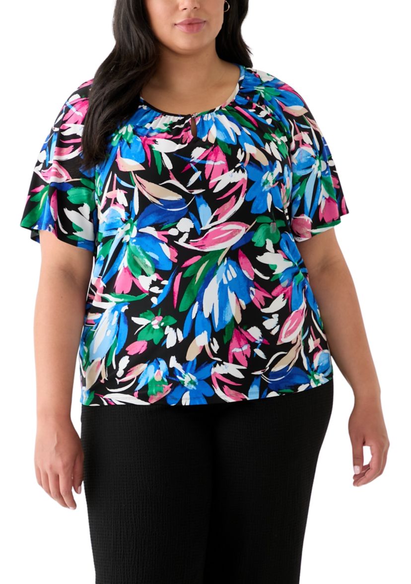 Plus Size Elbow Sleeve Keyhole Peasant Top
