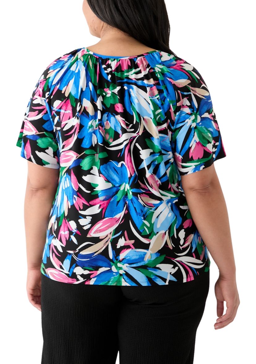 Plus Size Elbow Sleeve Keyhole Peasant Top