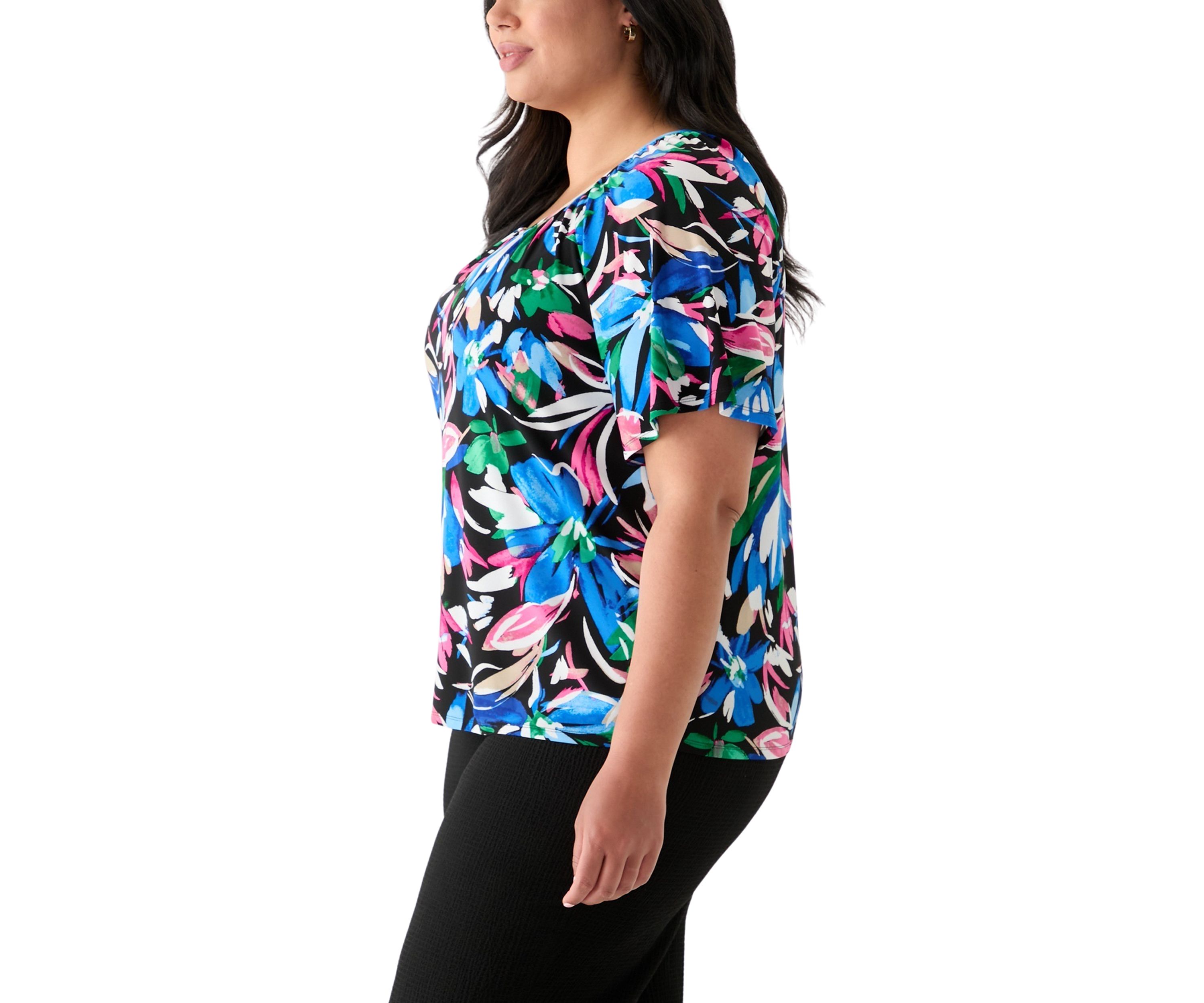 Plus Size Elbow Sleeve Keyhole Peasant Top