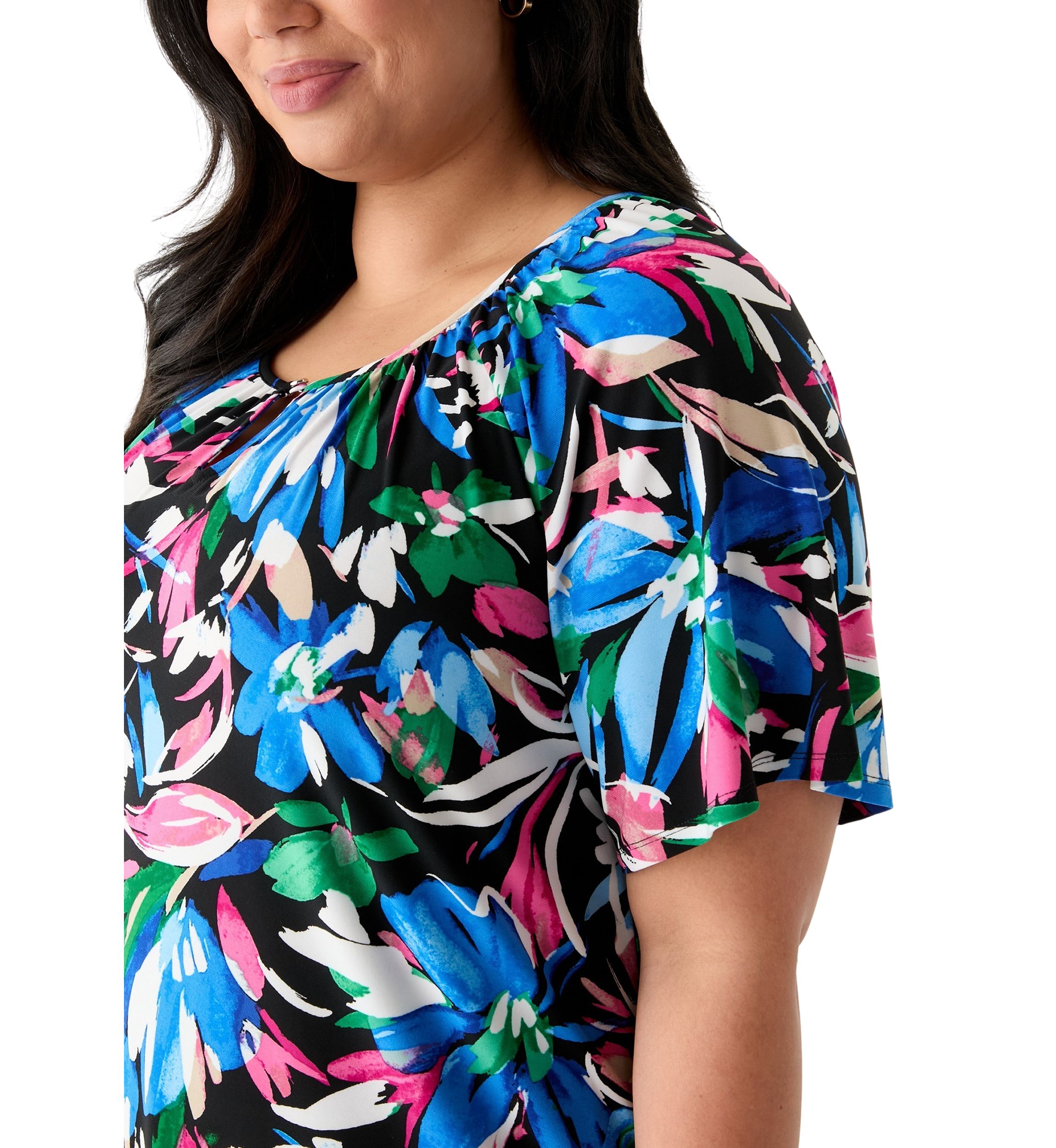 Plus Size Elbow Sleeve Keyhole Peasant Top