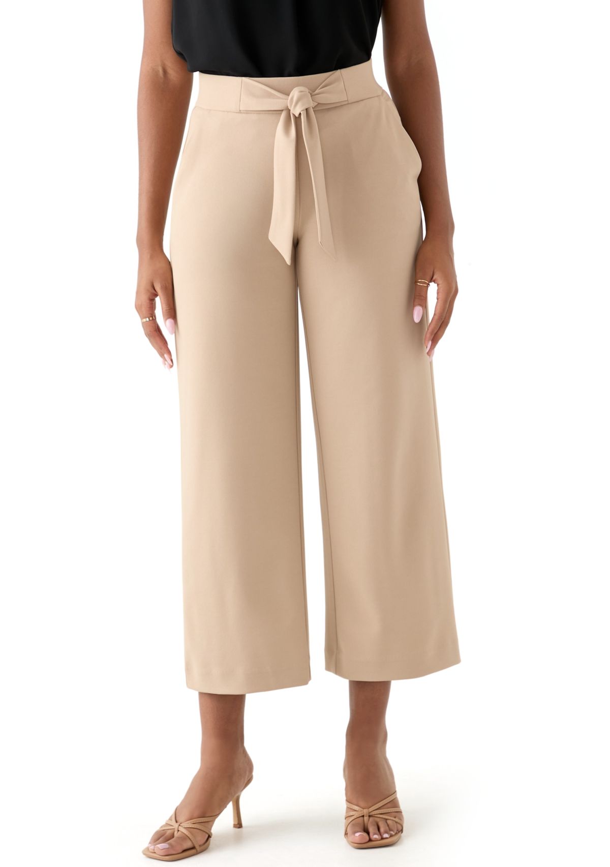 Womens Pull On Tie Front Wide Leg Pants
