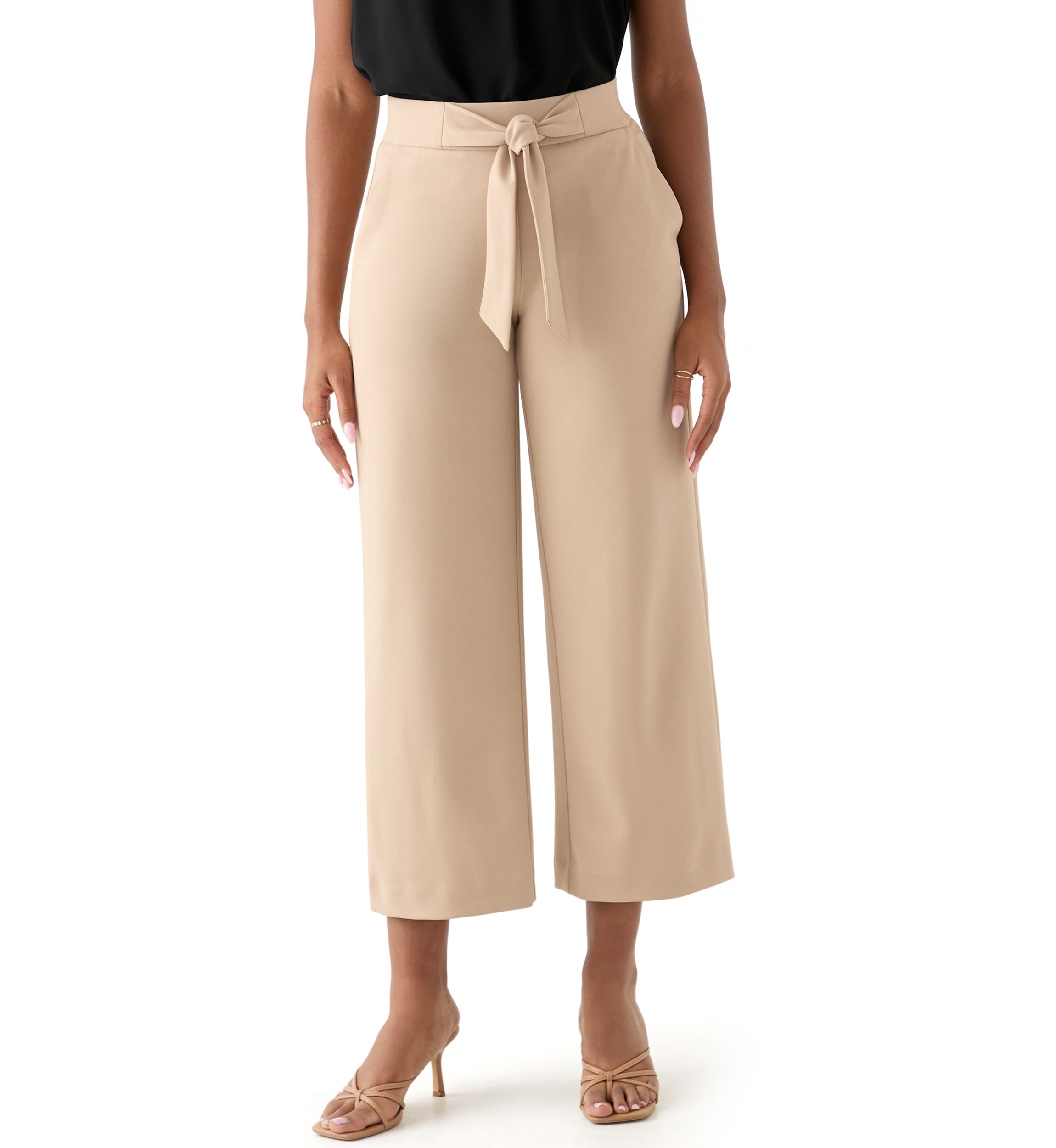Womens Pull On Tie Front Wide Leg Pants